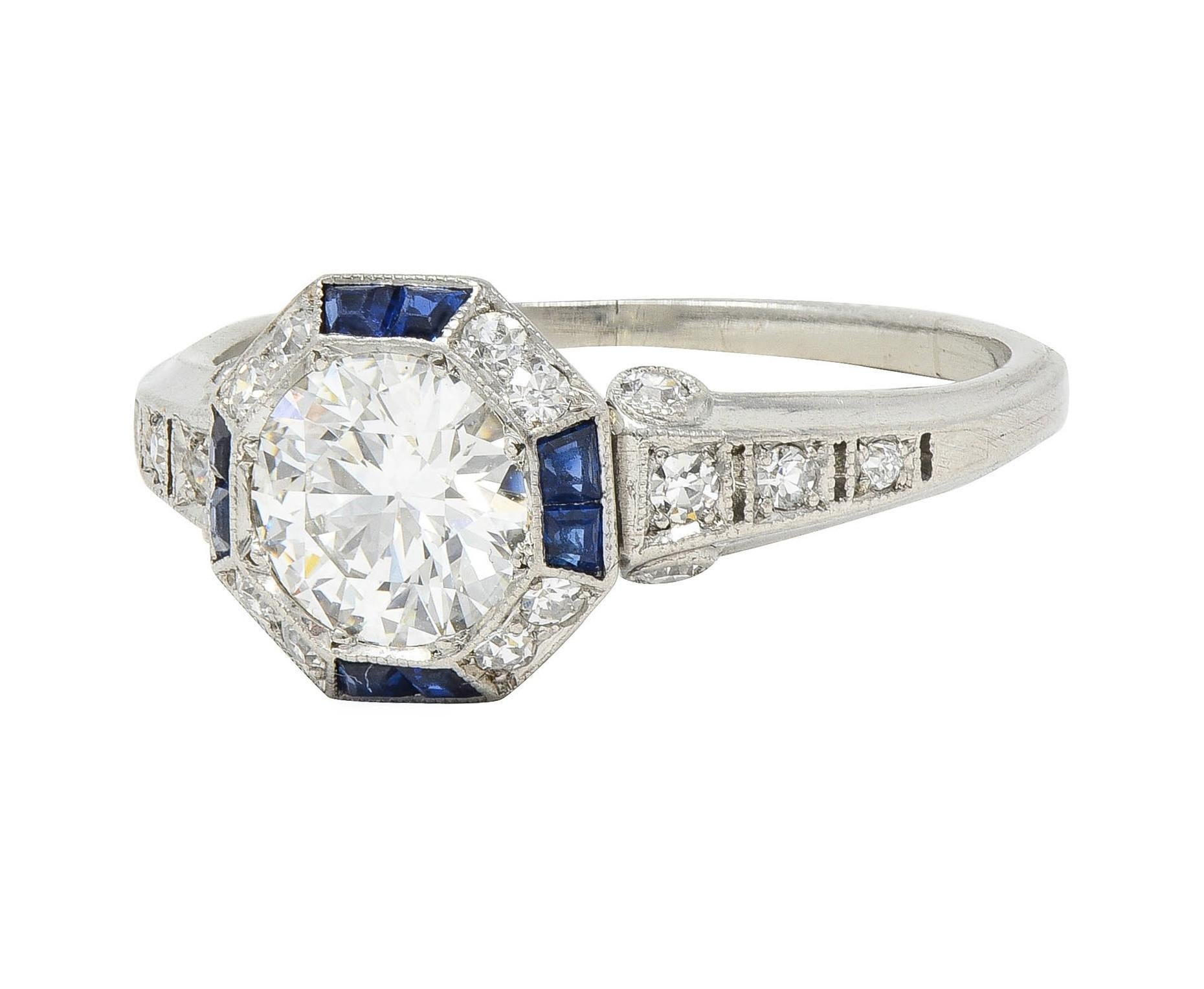 Art Deco 1.38 CTW Old European Diamond Sapphire Platinum Vintage Engagement Ring For Sale 3