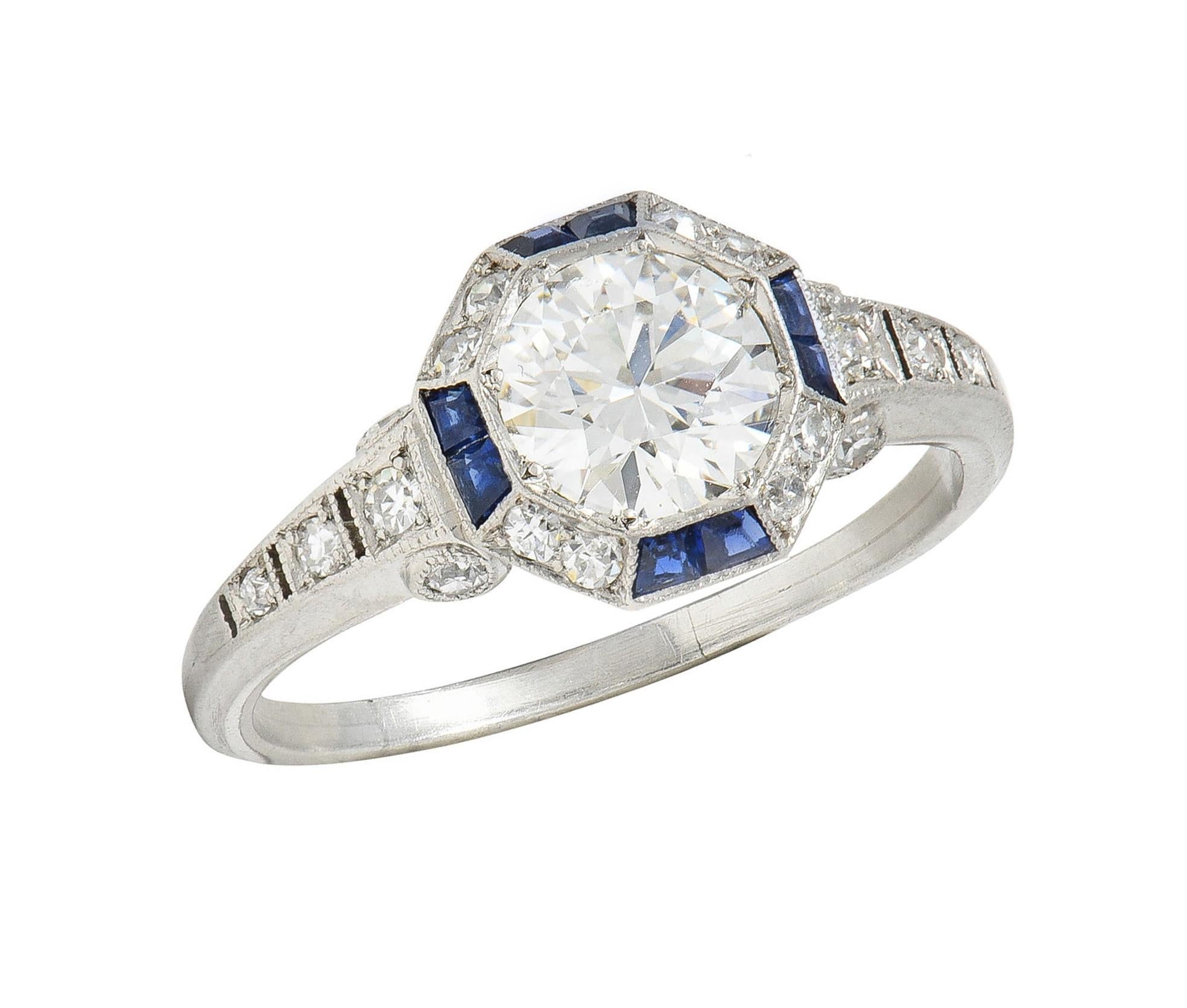 Art Deco 1.38 CTW Old European Diamond Sapphire Platinum Vintage Engagement Ring For Sale 4