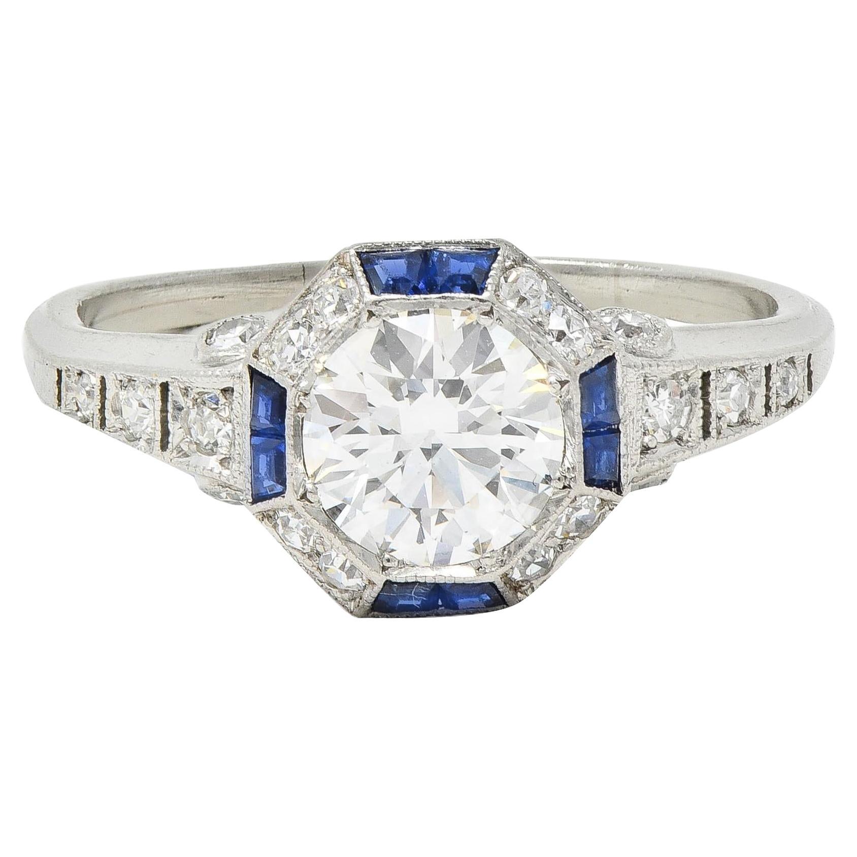 Art Deco 1.38 CTW Old European Diamond Sapphire Platinum Vintage Engagement Ring For Sale