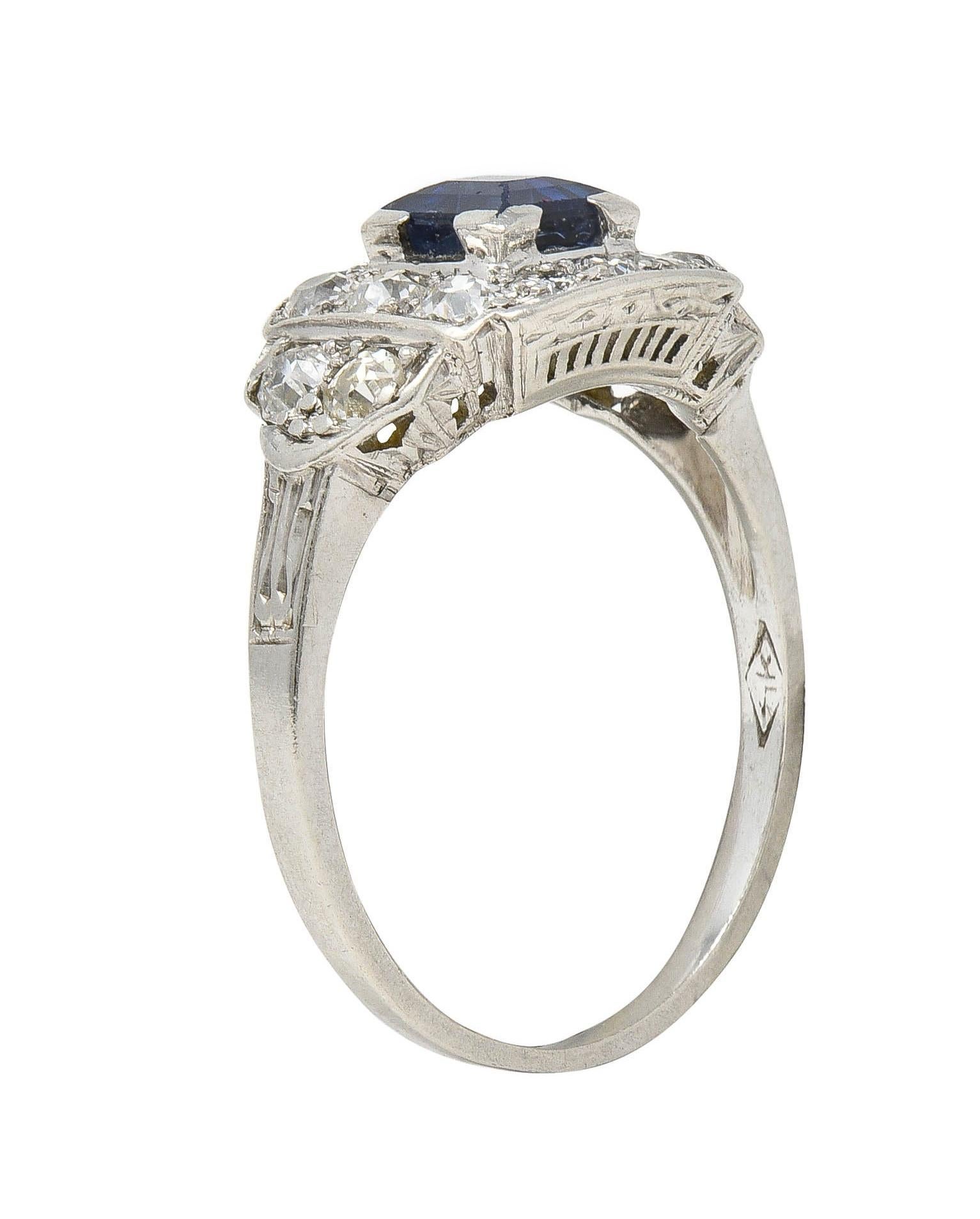 Art Deco 1.38 CTW Sapphire Diamond Platinum Vintage Cluster Ring For Sale 5