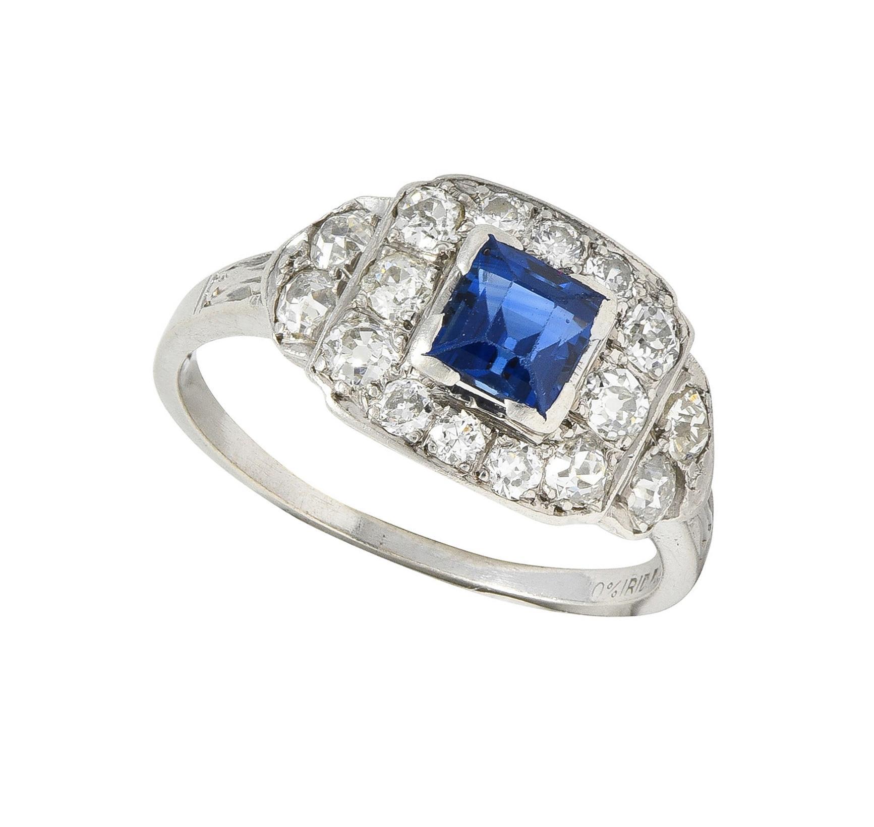 Art Deco 1.38 CTW Sapphire Diamond Platinum Vintage Cluster Ring For Sale 7