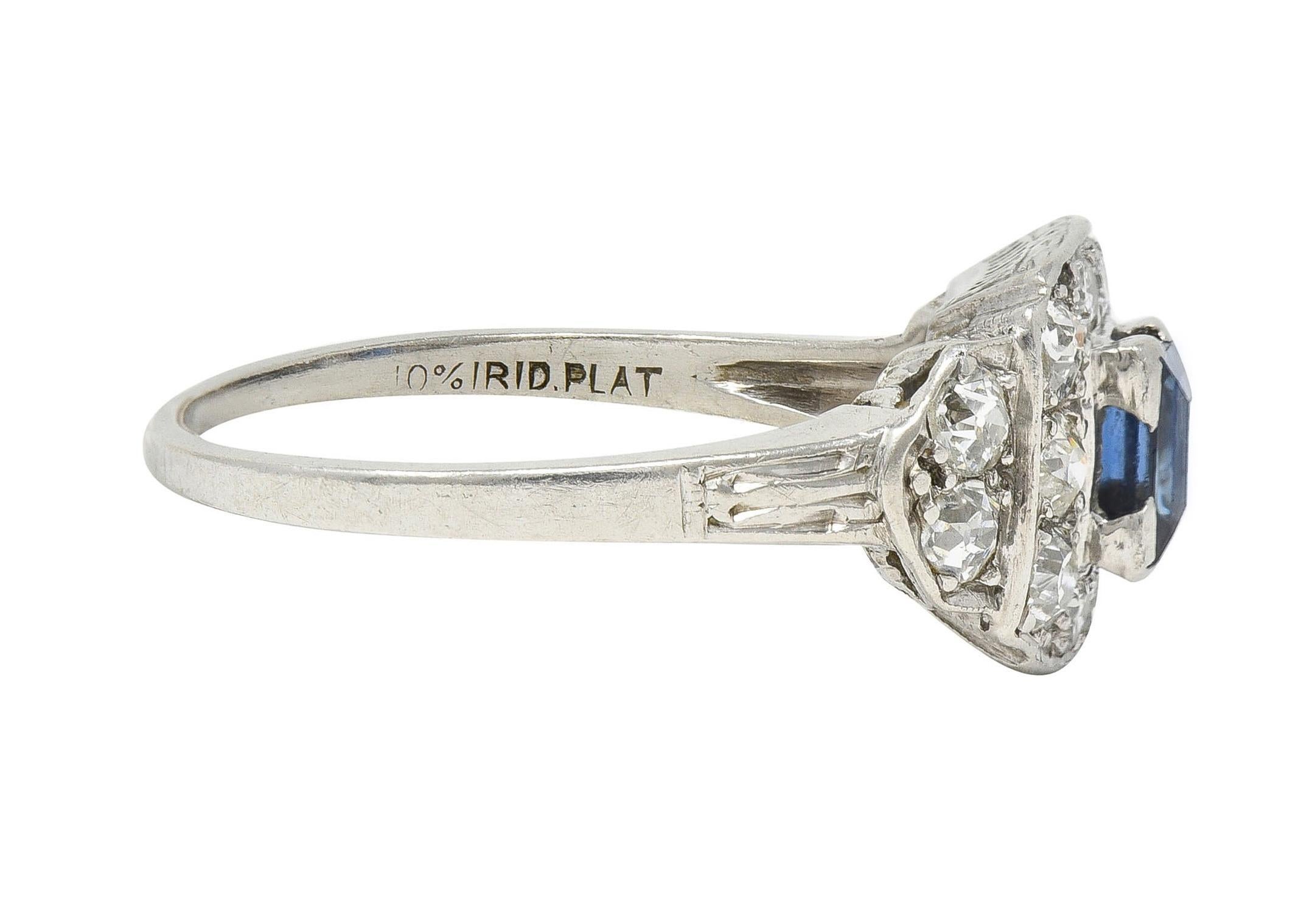 Round Cut Art Deco 1.38 CTW Sapphire Diamond Platinum Vintage Cluster Ring For Sale