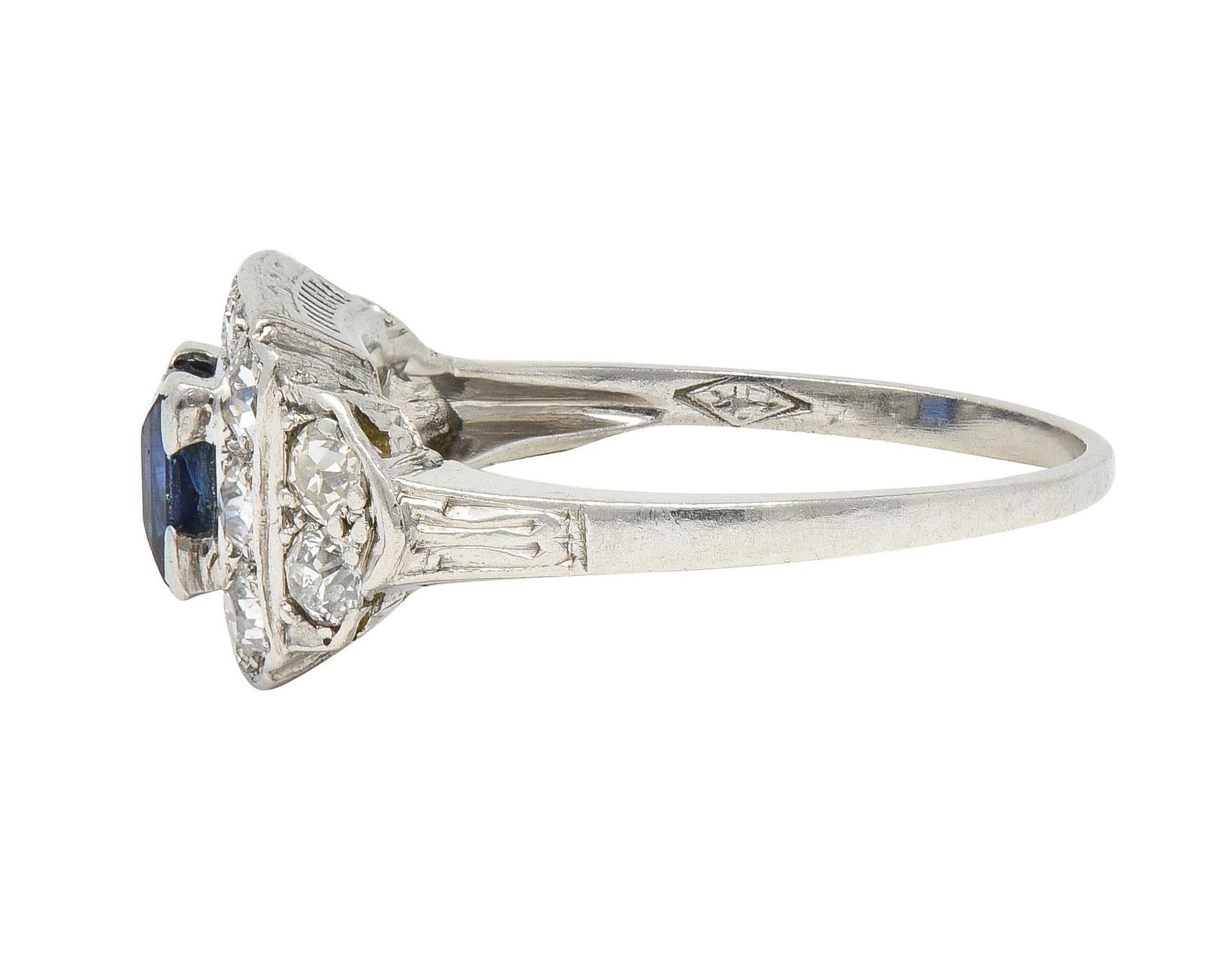 Women's or Men's Art Deco 1.38 CTW Sapphire Diamond Platinum Vintage Cluster Ring For Sale