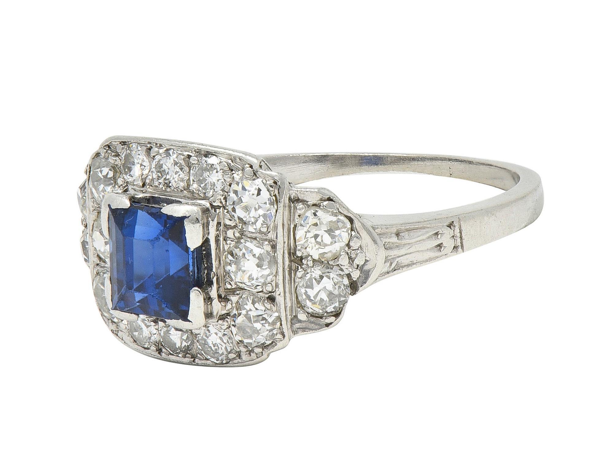 Art Deco 1.38 CTW Sapphire Diamond Platinum Vintage Cluster Ring For Sale 1