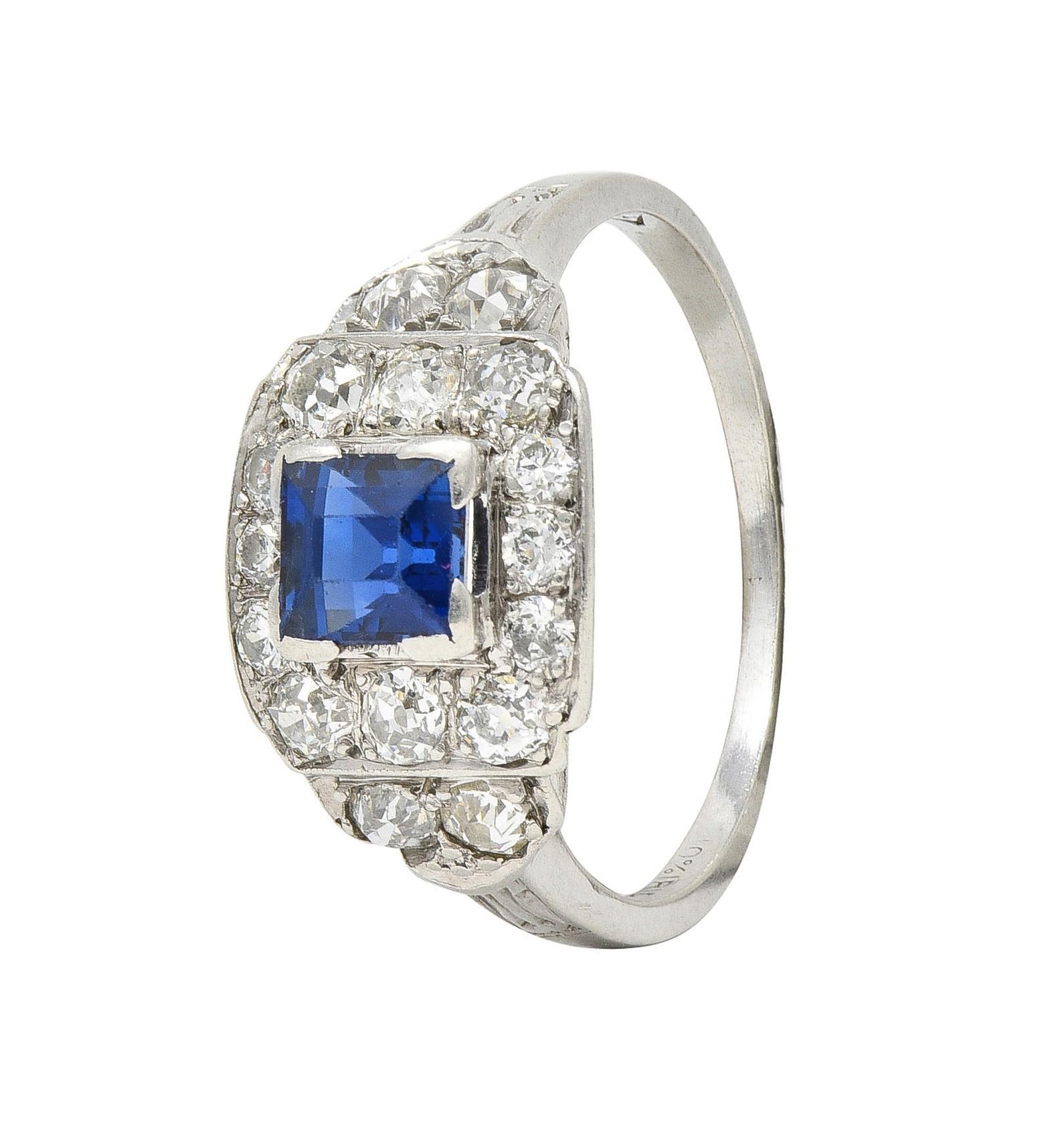 Art Deco 1.38 CTW Sapphire Diamond Platinum Vintage Cluster Ring For Sale 4