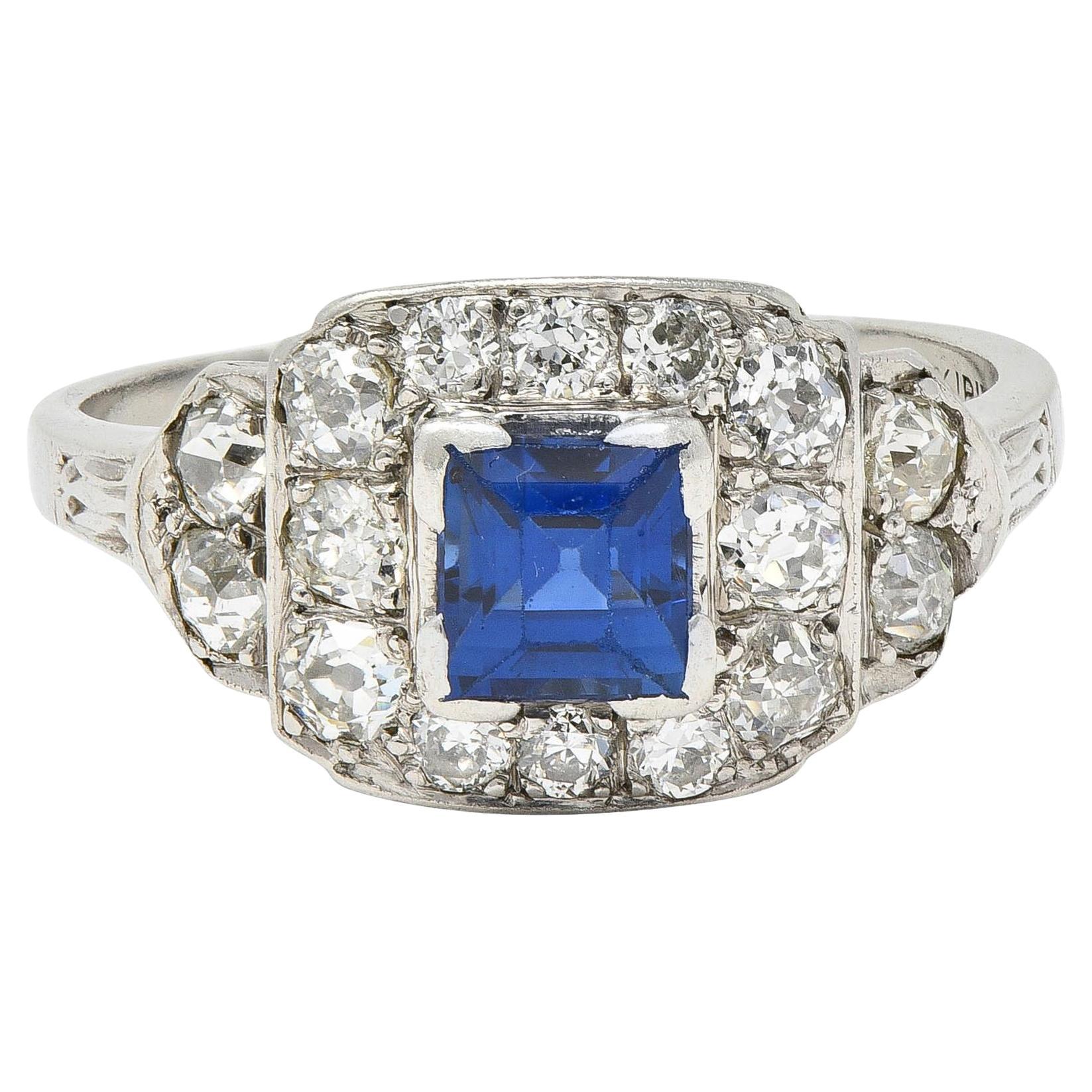 Art Deco 1,38 Karat Saphir Diamant Platin Vintage Cluster-Ring im Angebot