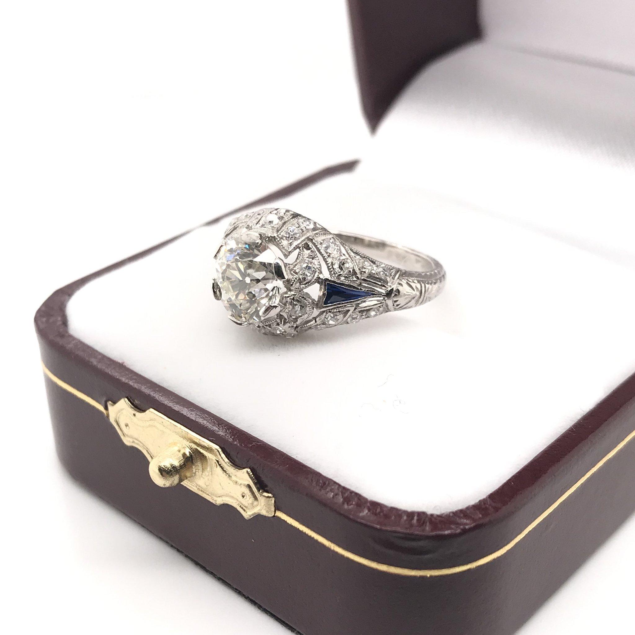 Art Deco 1.39 Carat Diamond and Sapphire Engagement Ring 5