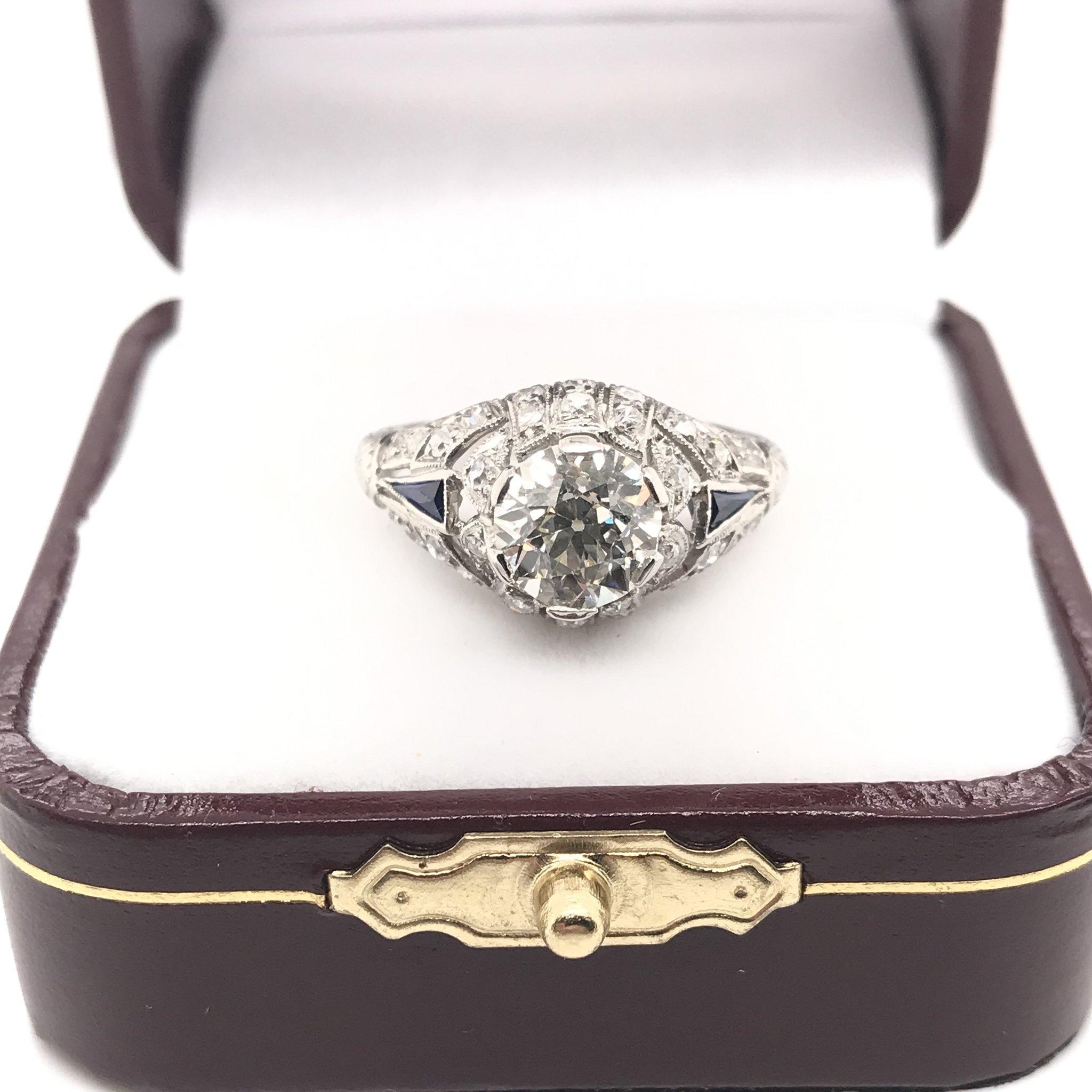 Art Deco 1.39 Carat Diamond and Sapphire Engagement Ring 6