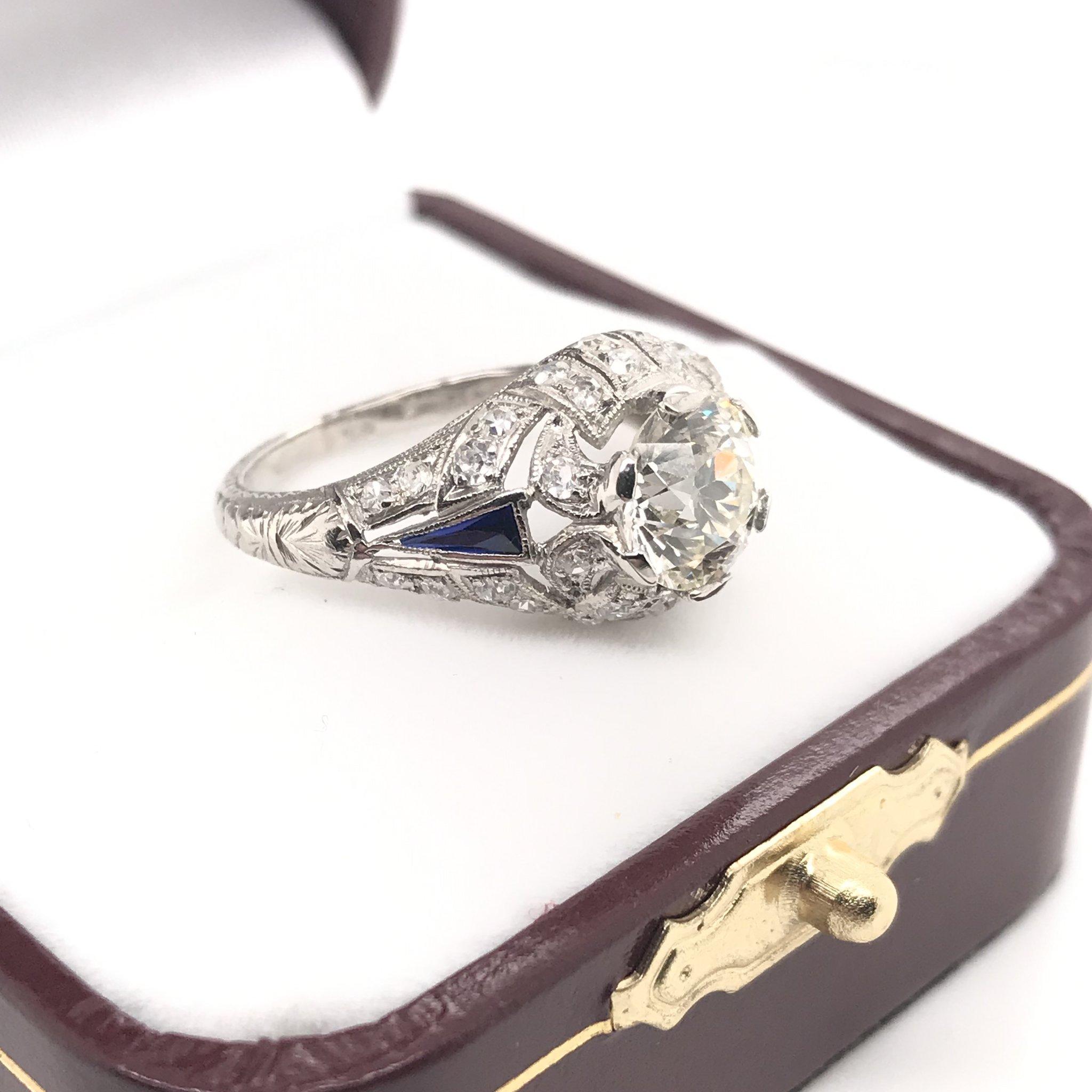 Art Deco 1.39 Carat Diamond and Sapphire Engagement Ring 7