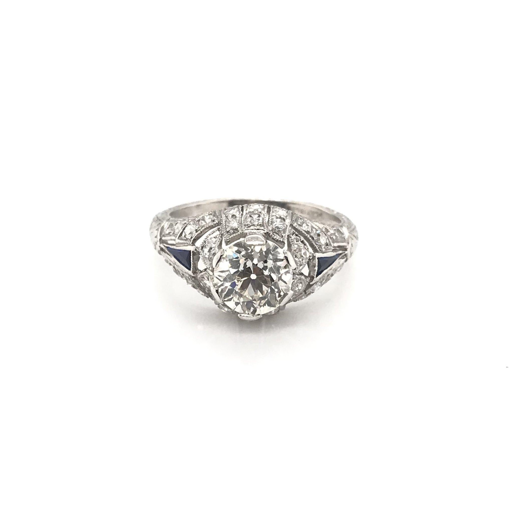 Old European Cut Art Deco 1.39 Carat Diamond and Sapphire Engagement Ring