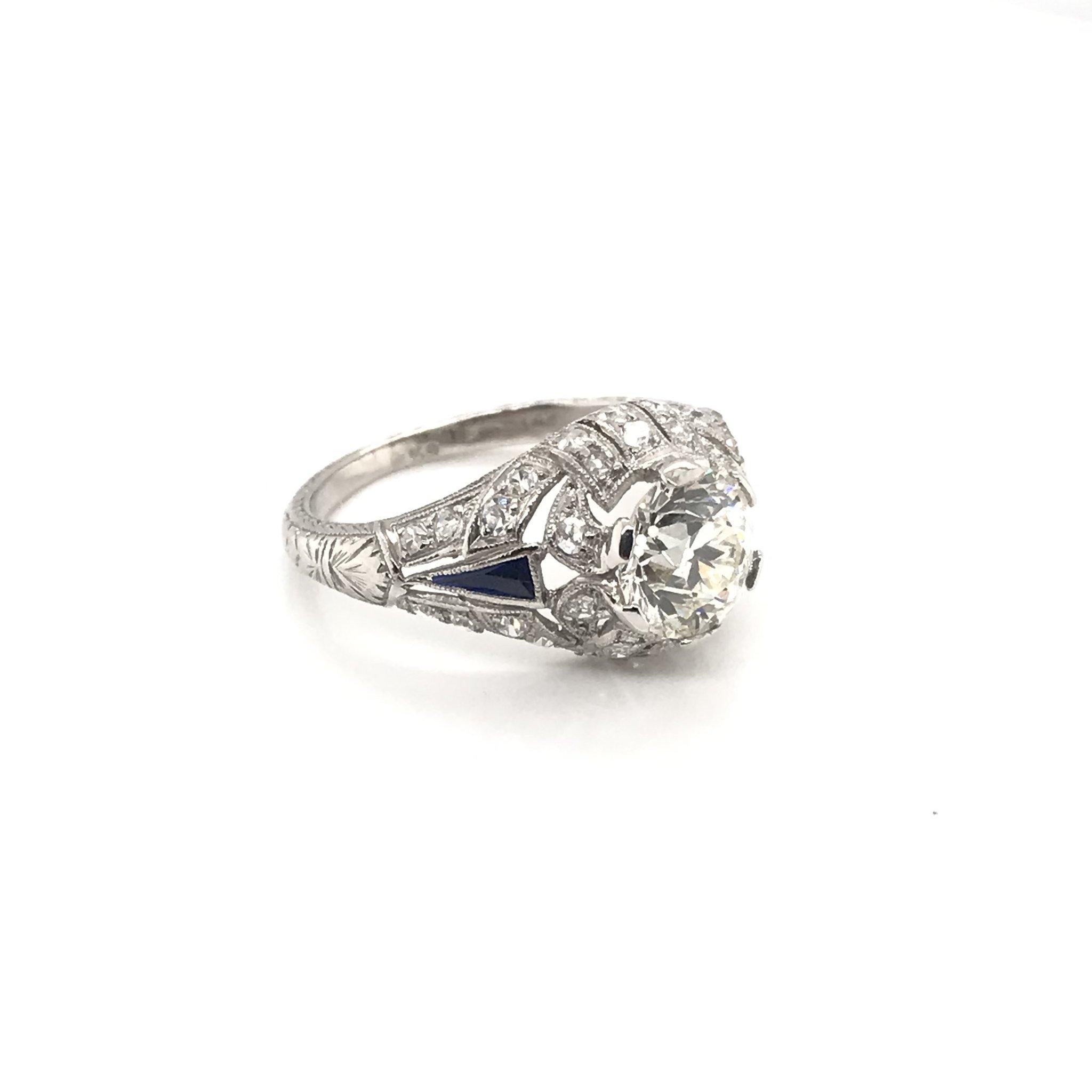 Women's Art Deco 1.39 Carat Diamond and Sapphire Engagement Ring