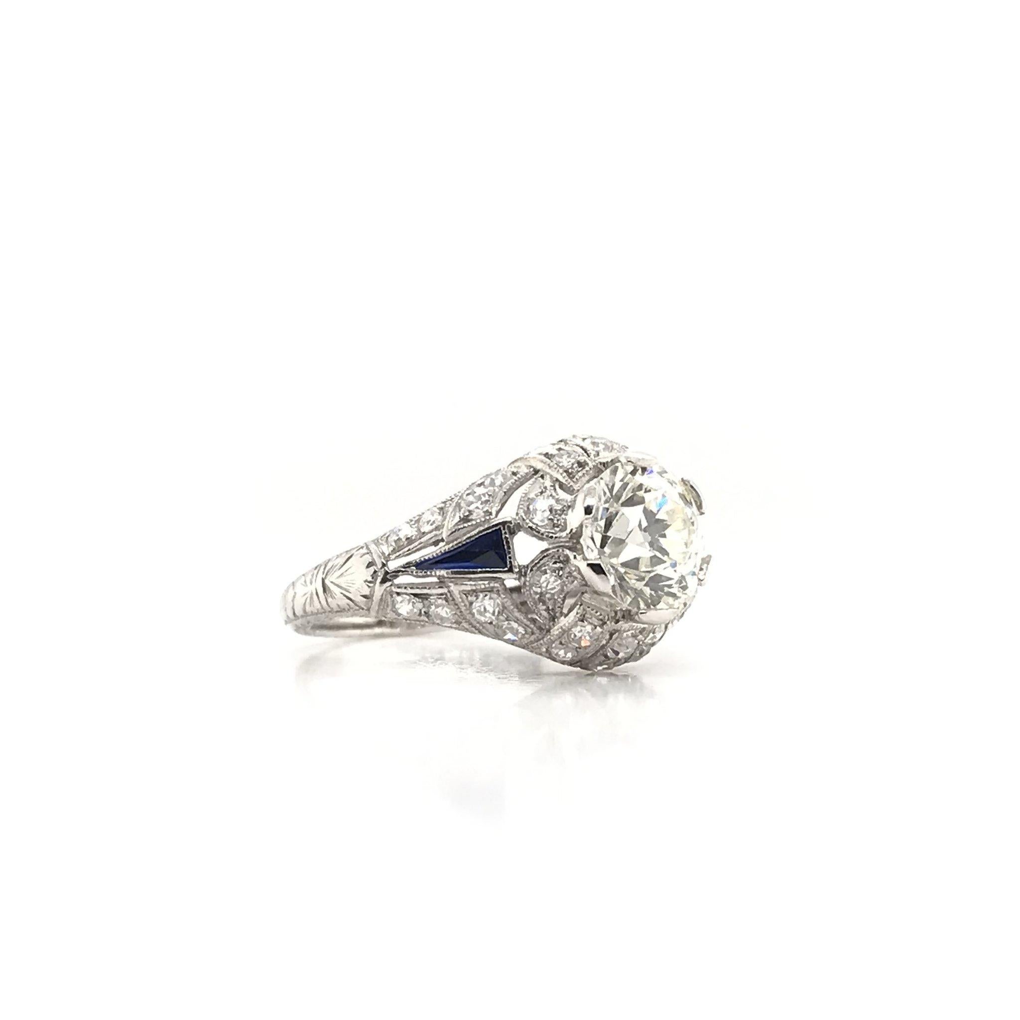 Art Deco 1.39 Carat Diamond and Sapphire Engagement Ring 1