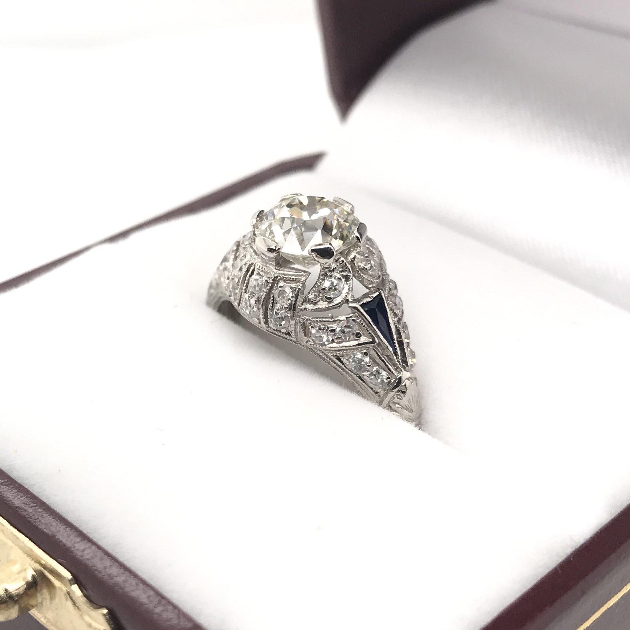Art Deco 1.39 Carat Diamond and Sapphire Engagement Ring 2
