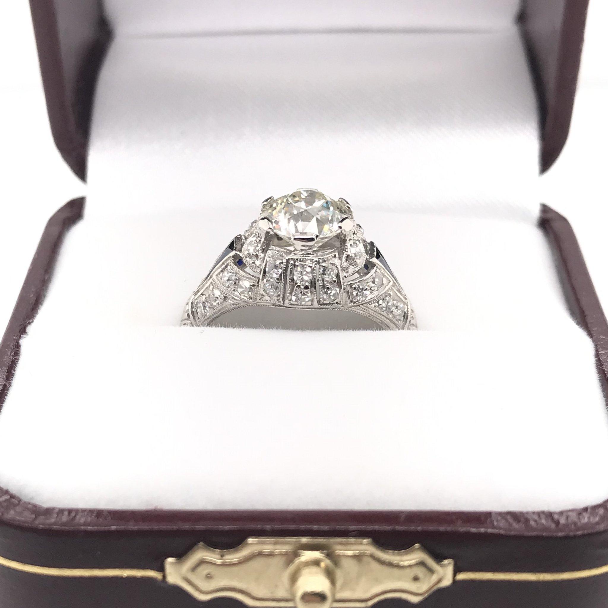 Art Deco 1.39 Carat Diamond and Sapphire Engagement Ring 3