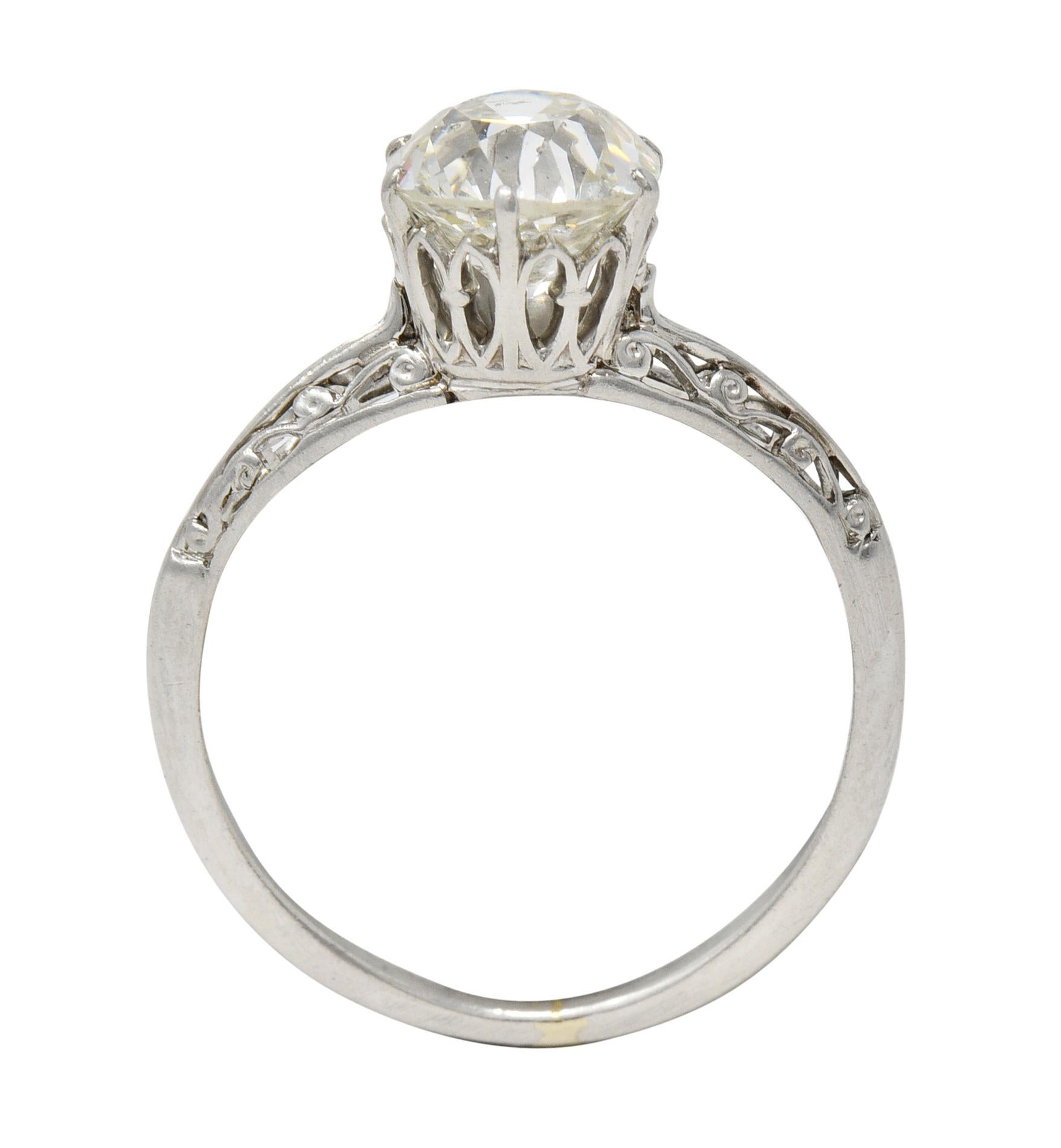 Art Deco 1.39 Carats Diamond Platinum Scroll Solitaire Engagement Ring For Sale 3