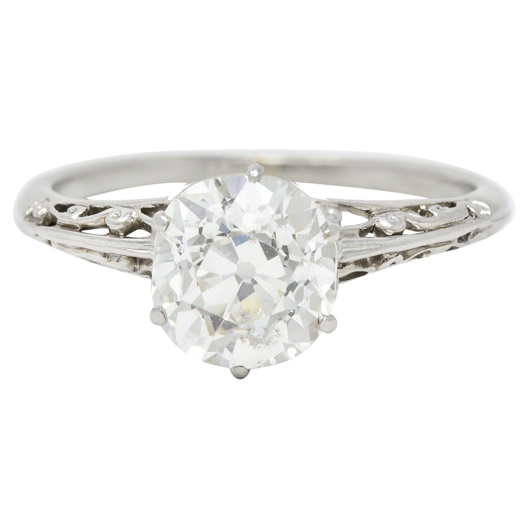 Art Deco 1.39 Carats Diamond Platinum Scroll Solitaire Engagement Ring For Sale