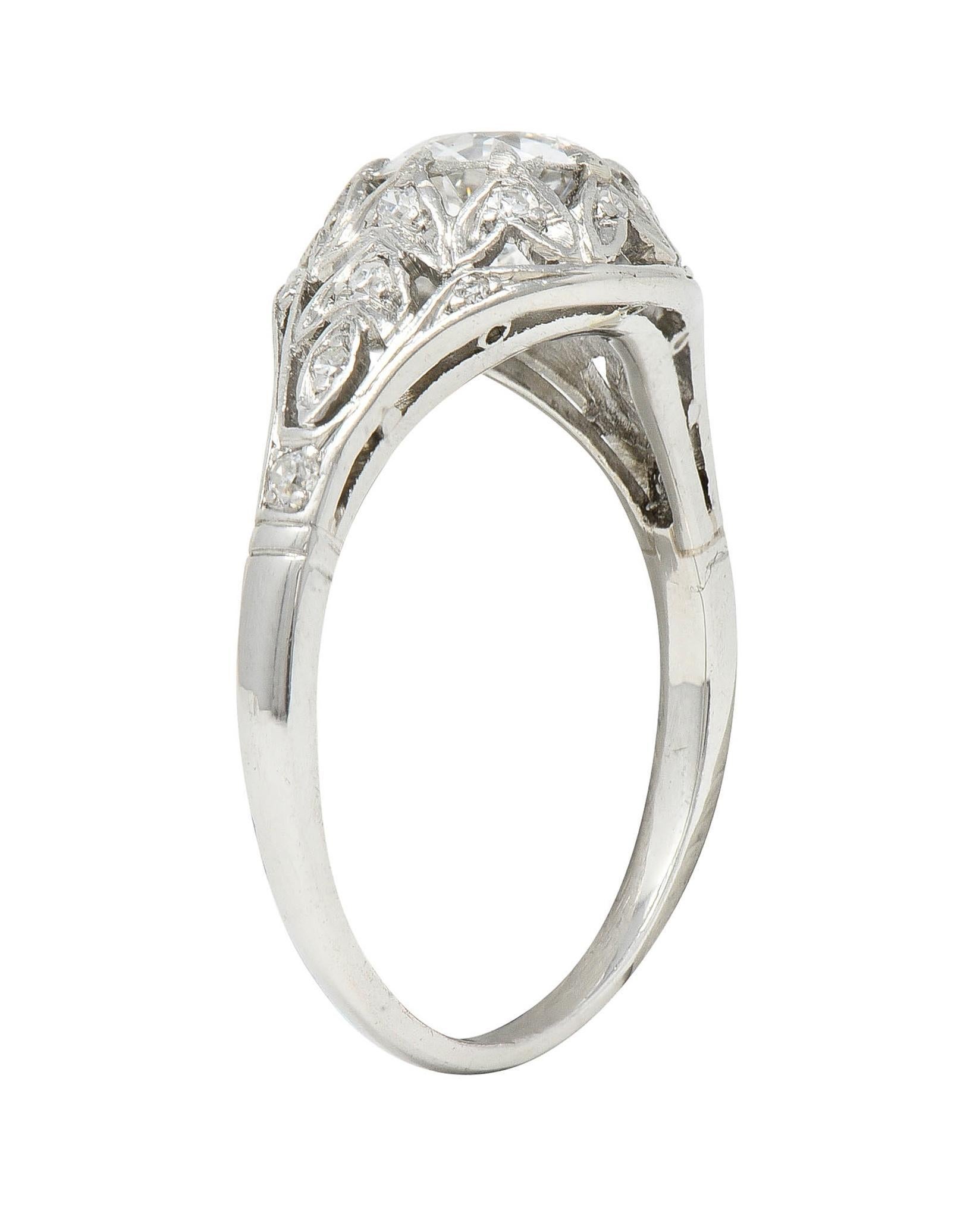 Art Deco 1.39 CTW Diamond Platinum Foliate Vintage Engagement Ring GIA For Sale 5
