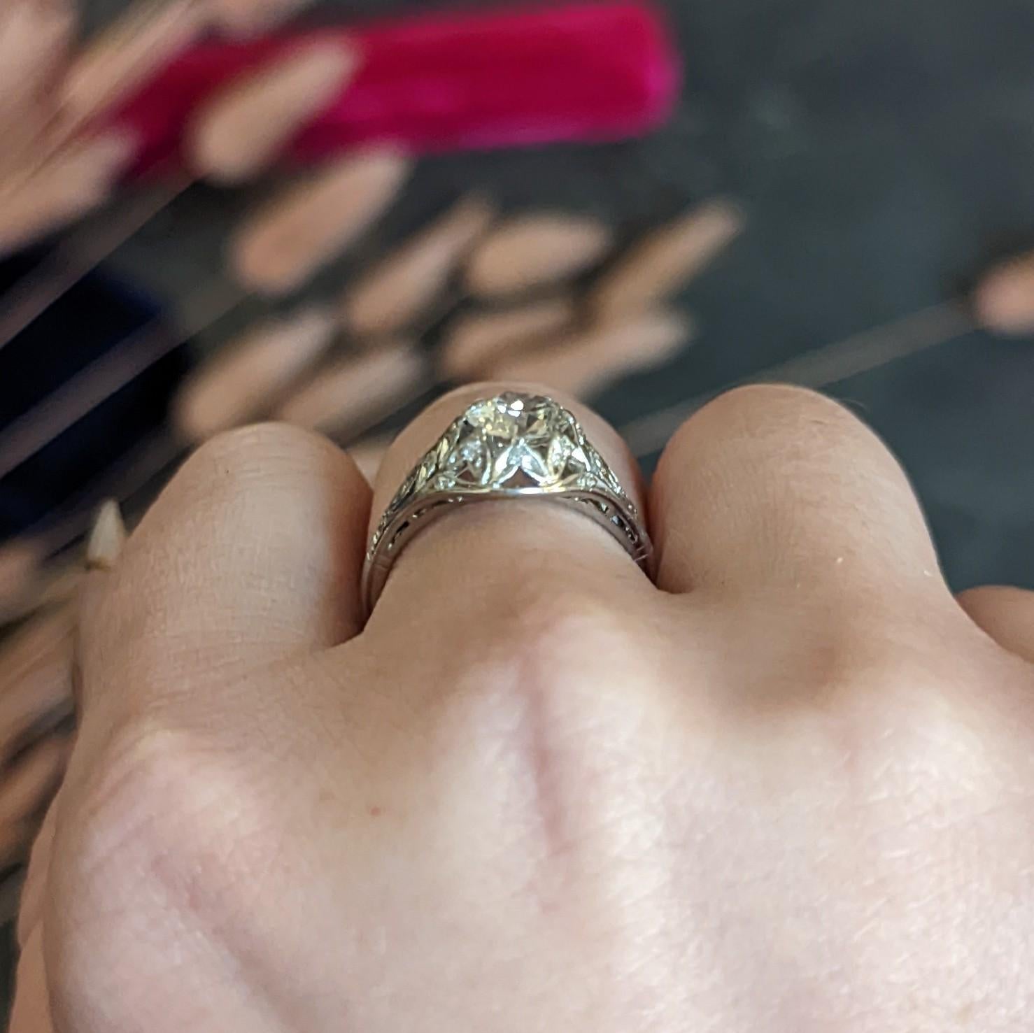 Art Deco 1.39 CTW Diamond Platinum Foliate Vintage Engagement Ring GIA For Sale 8