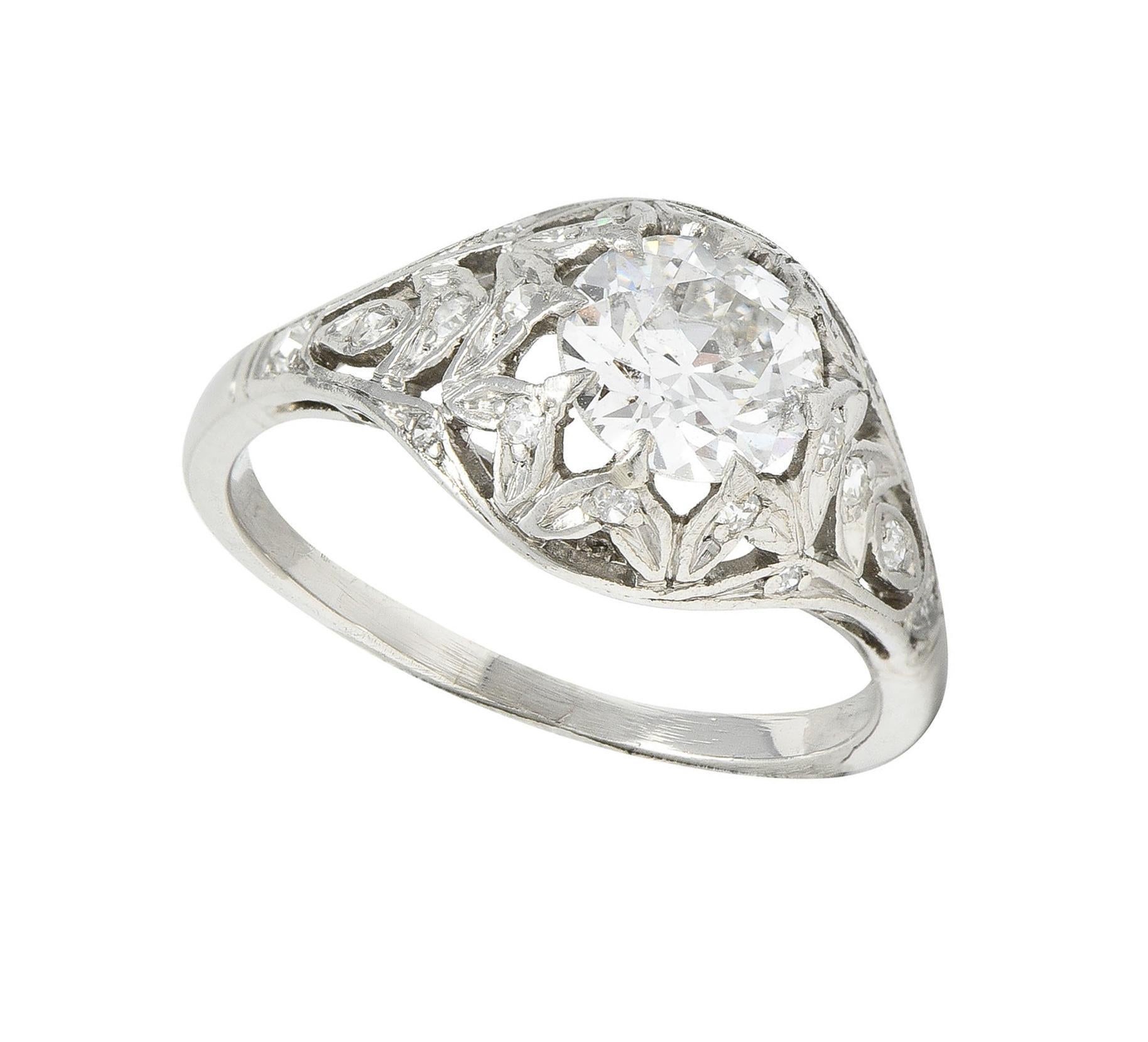Single Cut Art Deco 1.39 CTW Diamond Platinum Foliate Vintage Engagement Ring GIA For Sale