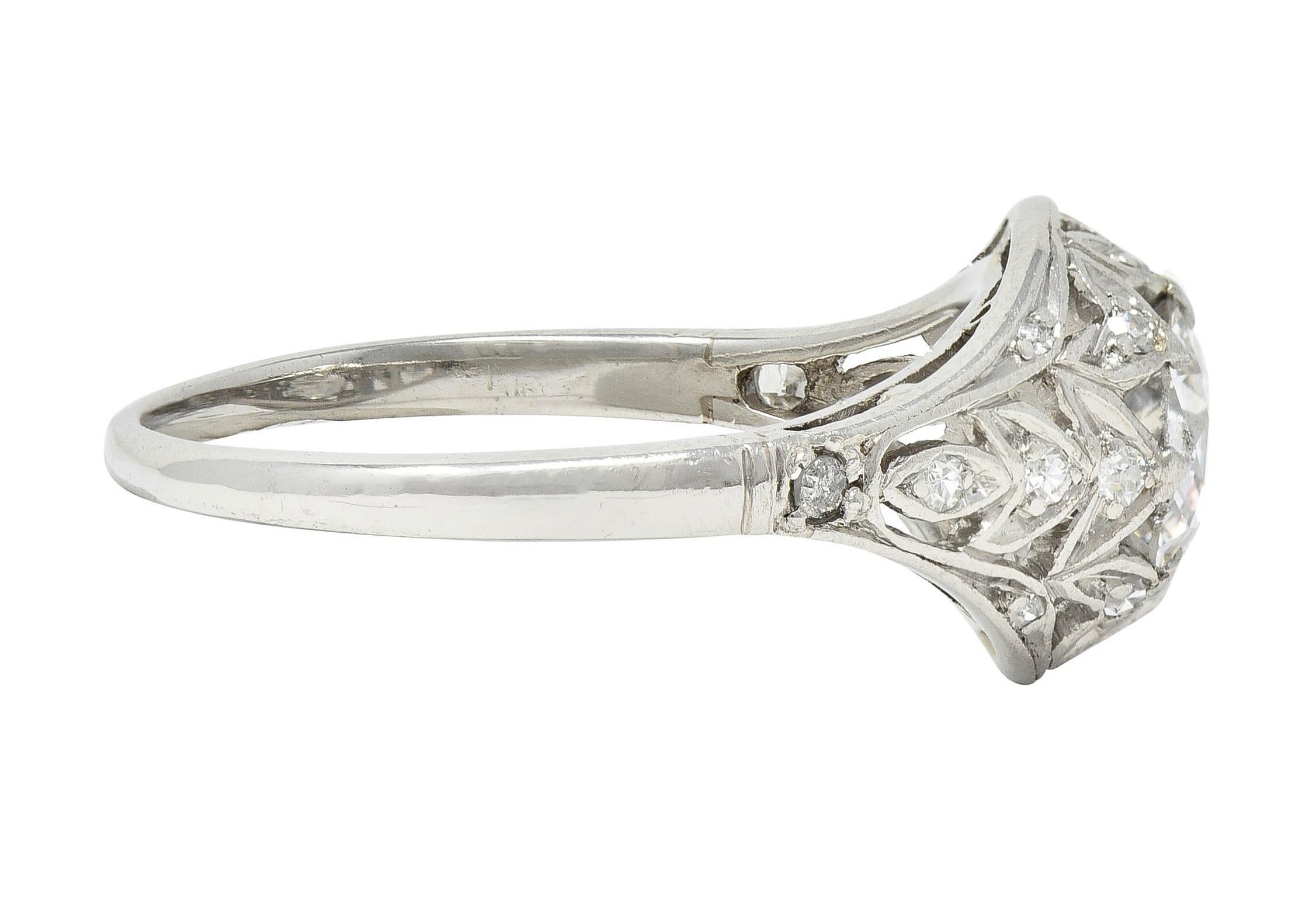Art Deco 1.39 CTW Diamond Platinum Foliate Vintage Engagement Ring GIA In Excellent Condition For Sale In Philadelphia, PA