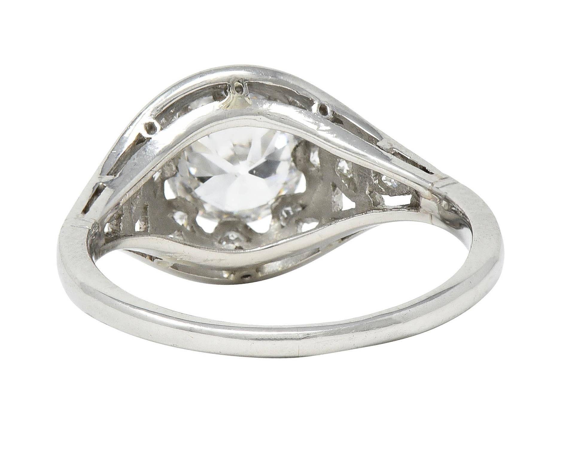 Women's or Men's Art Deco 1.39 CTW Diamond Platinum Foliate Vintage Engagement Ring GIA For Sale
