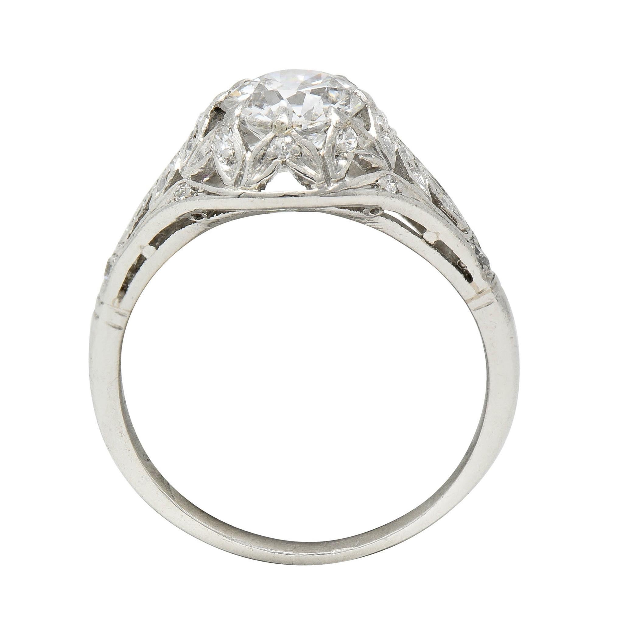 Art Deco 1.39 CTW Diamond Platinum Foliate Vintage Engagement Ring GIA For Sale 3