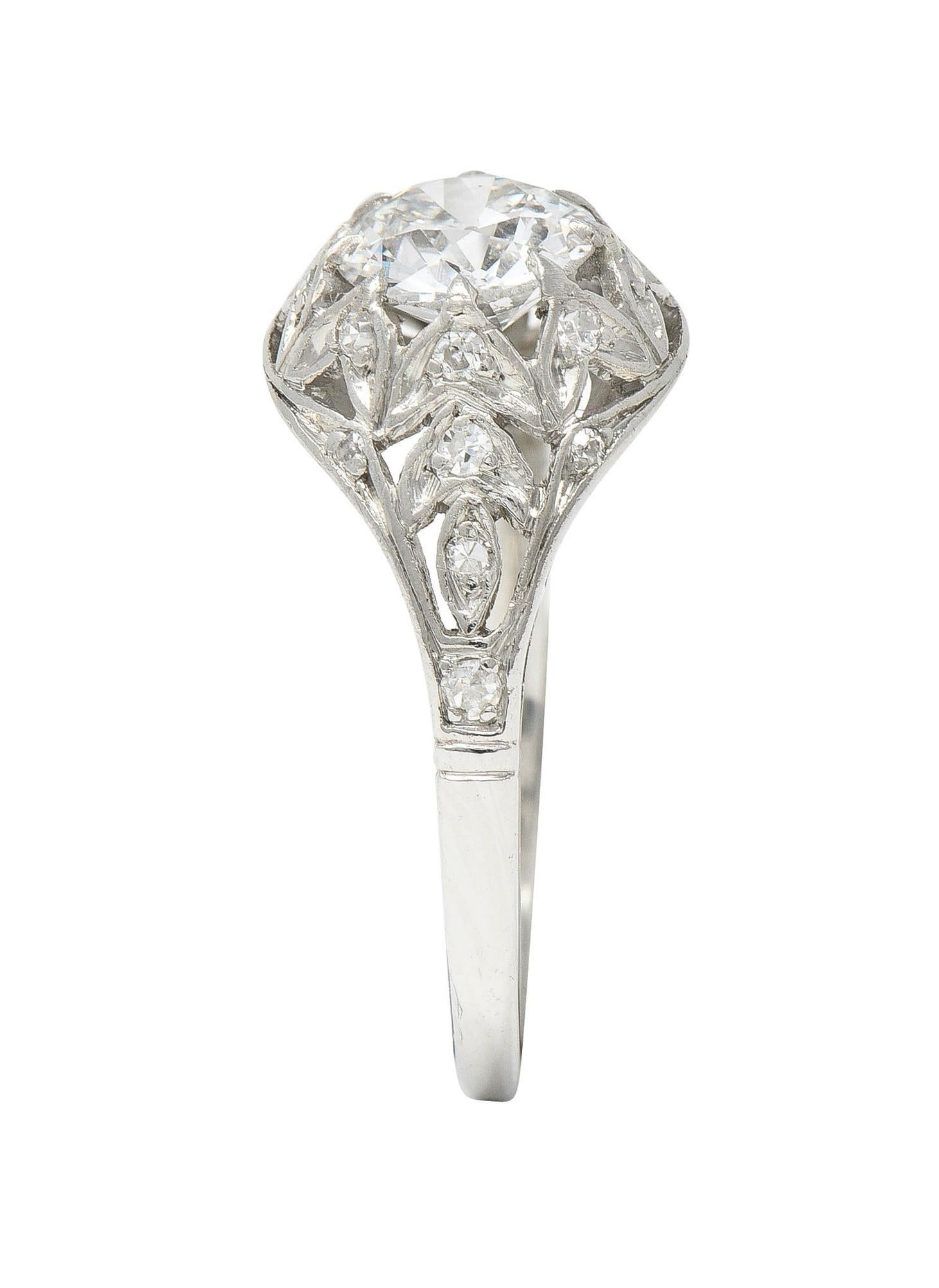 Art Deco 1.39 CTW Diamond Platinum Foliate Vintage Engagement Ring GIA For Sale 4