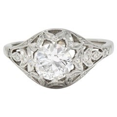 Art Deco 1.39 CTW Diamond Platinum Foliate Used Engagement Ring GIA