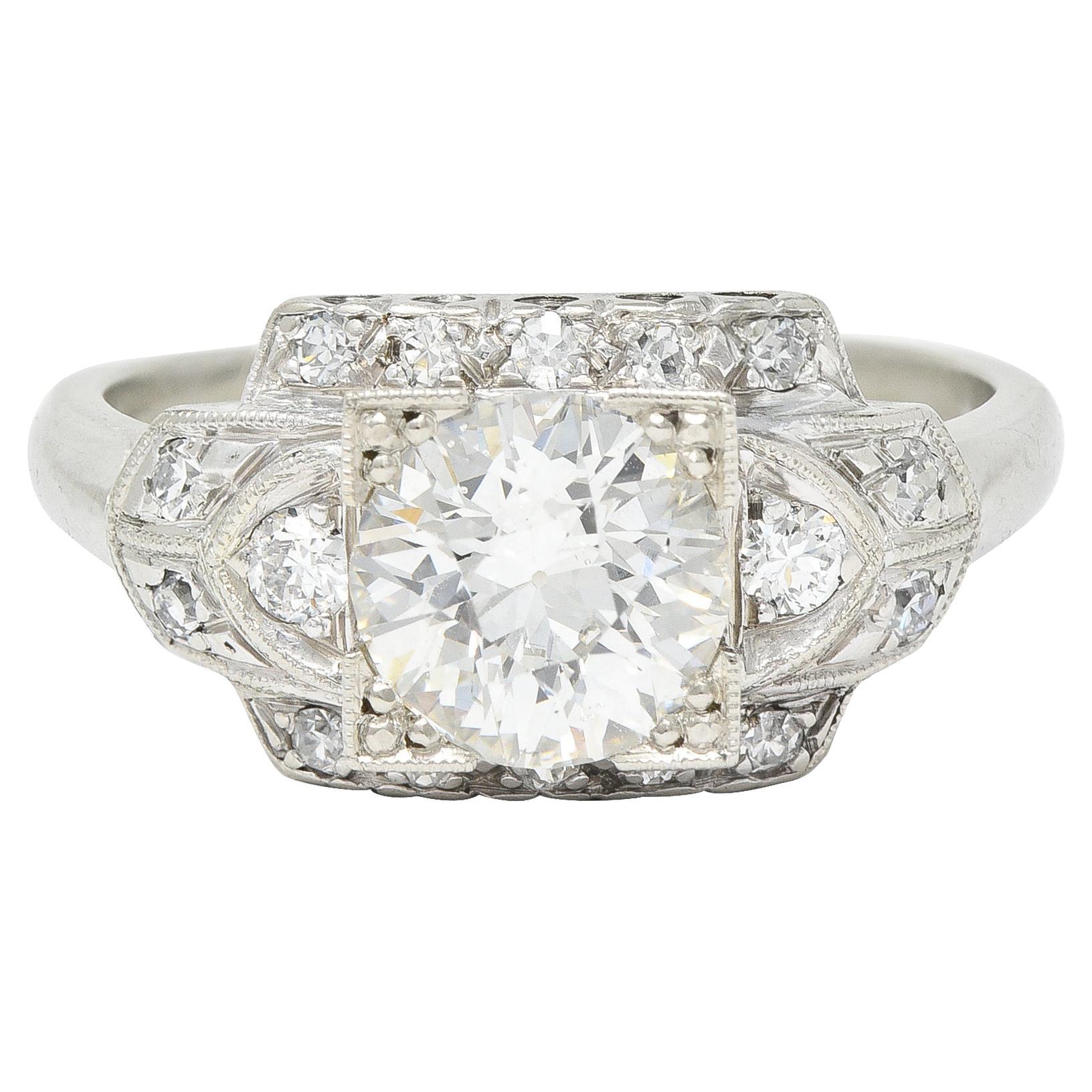 Art Deco 1.39 CTW Old European Cut Diamond 14 Karat Gold Engagement Ring For Sale