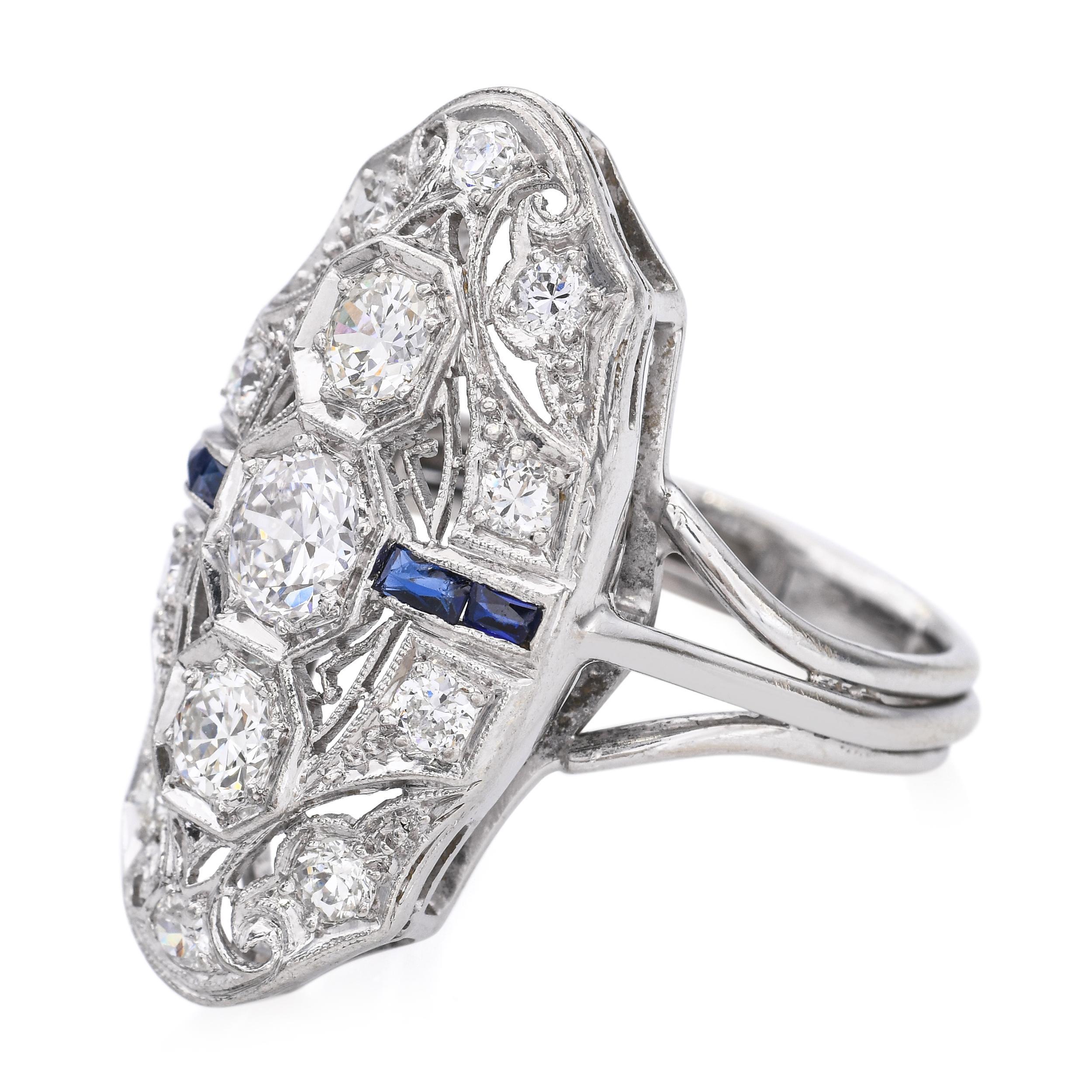 Sortija Art Decó de oro blanco de 13k y platino con 1,33 qt de diamantes en Bueno estado para la venta en New York, NY