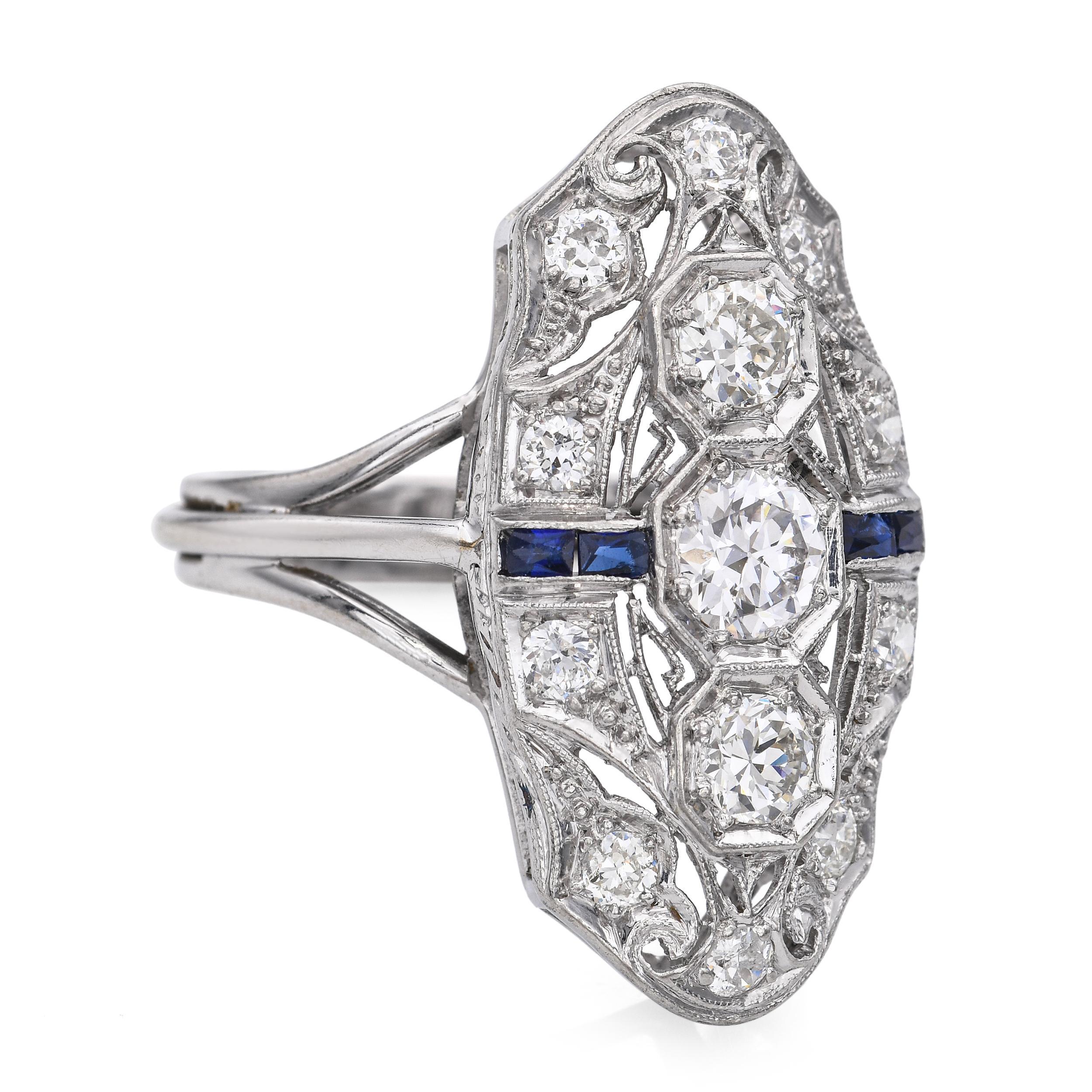 De las mujeres Sortija Art Decó de oro blanco de 13k y platino con 1,33 qt de diamantes en venta