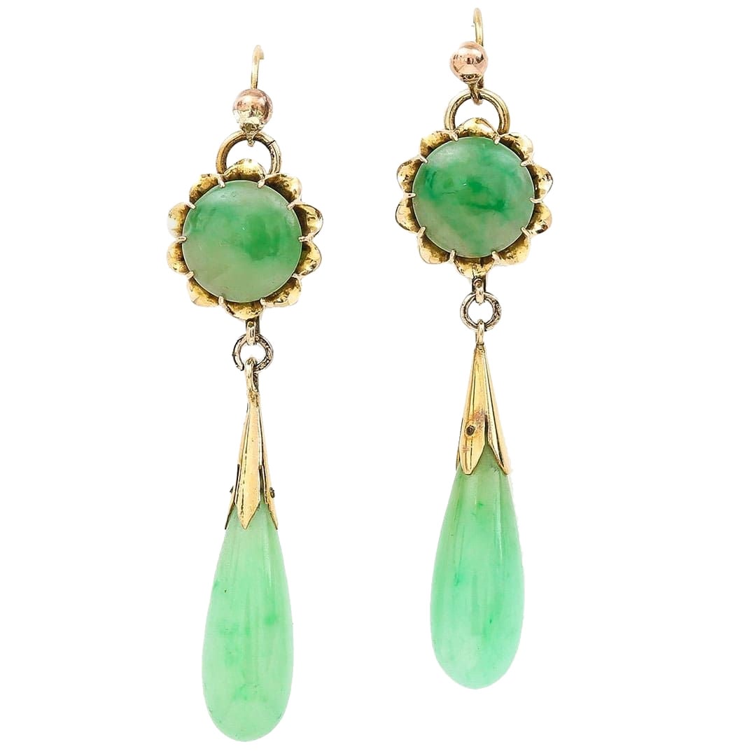 Art Deco 14 Karat Gold Jade Tropfen Ohrringe, um 1940