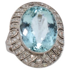 Art-Deco 14 carats Natural Aquamarine (No Treated) and Diamond in Platinum Ring 