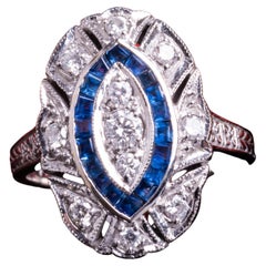 Vintage Art Deco 14 CT White Gold Sapphire Halo and Diamond Ring