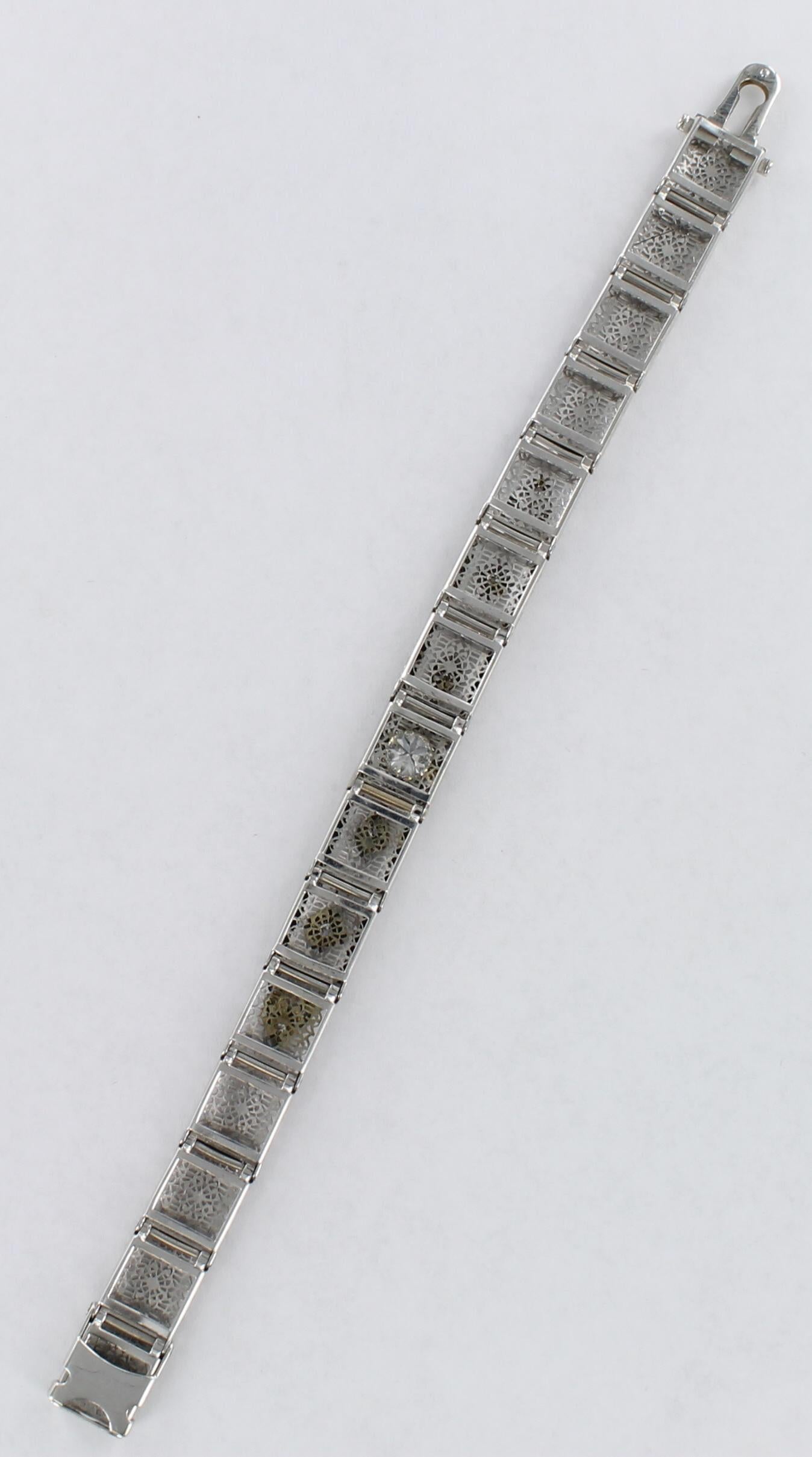 Round Cut Art Deco 14 Karat Diamond Filigree Bracelet For Sale