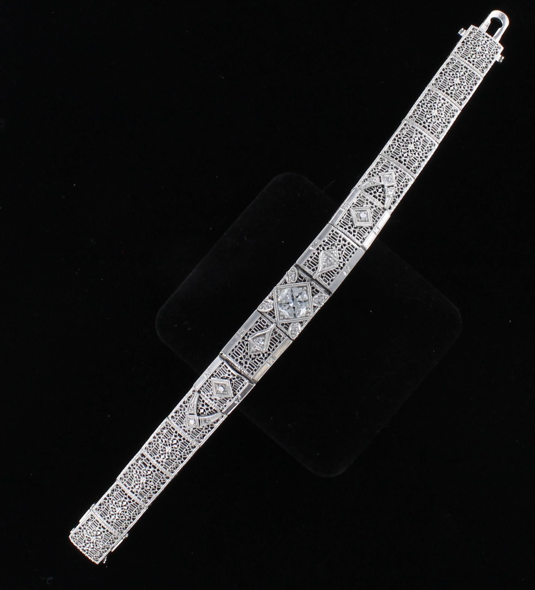 Women's Art Deco 14 Karat Diamond Filigree Bracelet For Sale
