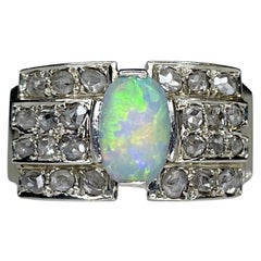 Art Deco 14 Karat Gold 1.00 Carat Opal 0.36 Carat Rose Cut Diamond Dome Ring