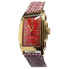 Retro Art Deco 14 Karat Gold Cherry Red Gents Wristwatch by Elgin