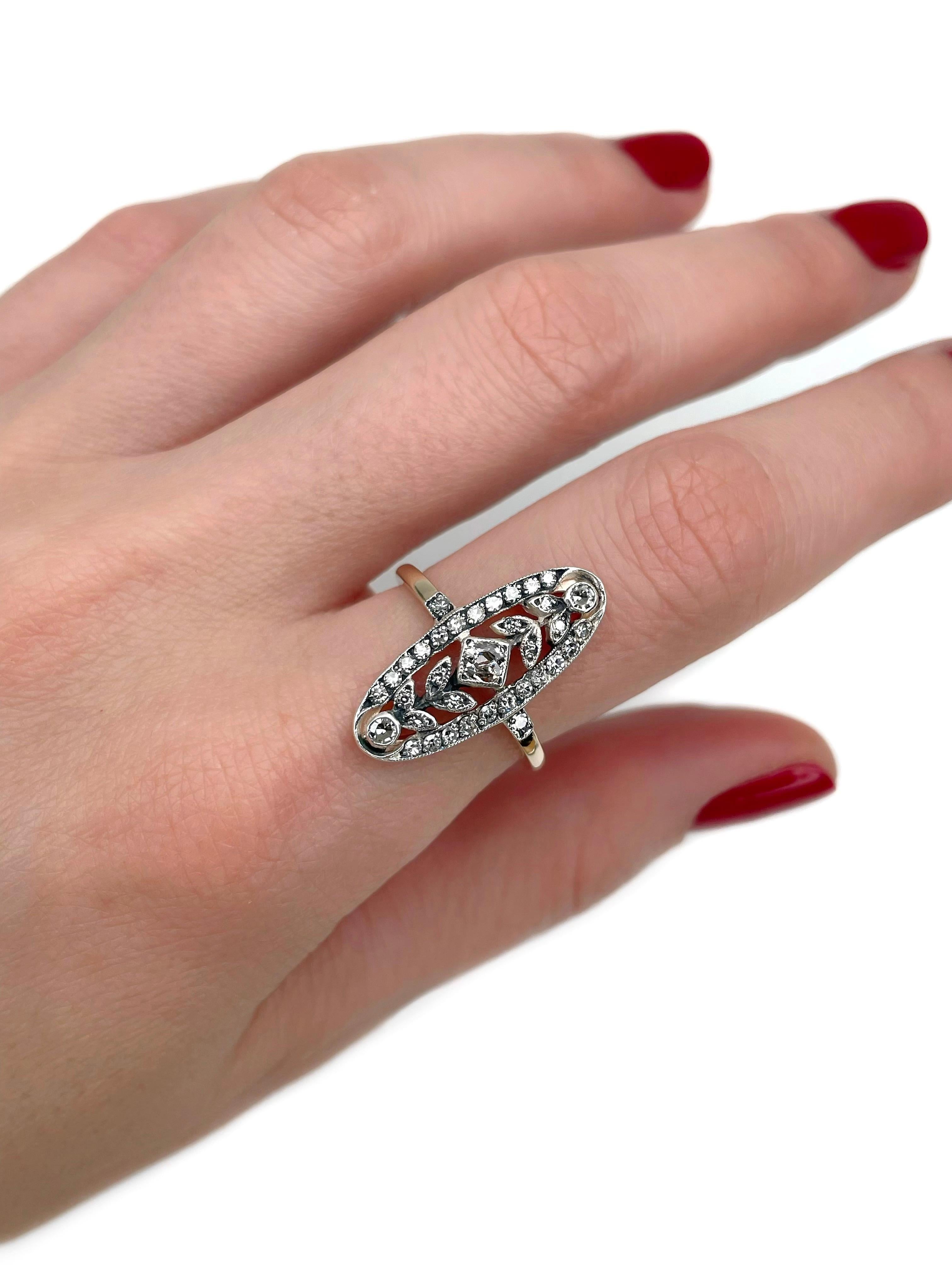 Dies ist ein Art Deco durchbrochene Blumenmotiv Cocktail-Ring in 14K Gold gefertigt. Um 1930. 

Das Stück ist mit Diamanten im Mischschliff besetzt. 

Gewicht: 3,30 g 
Größe: 17.75 (US 7.5)

WICHTIG: Bitte erkundigen Sie sich vor dem Kauf nach der