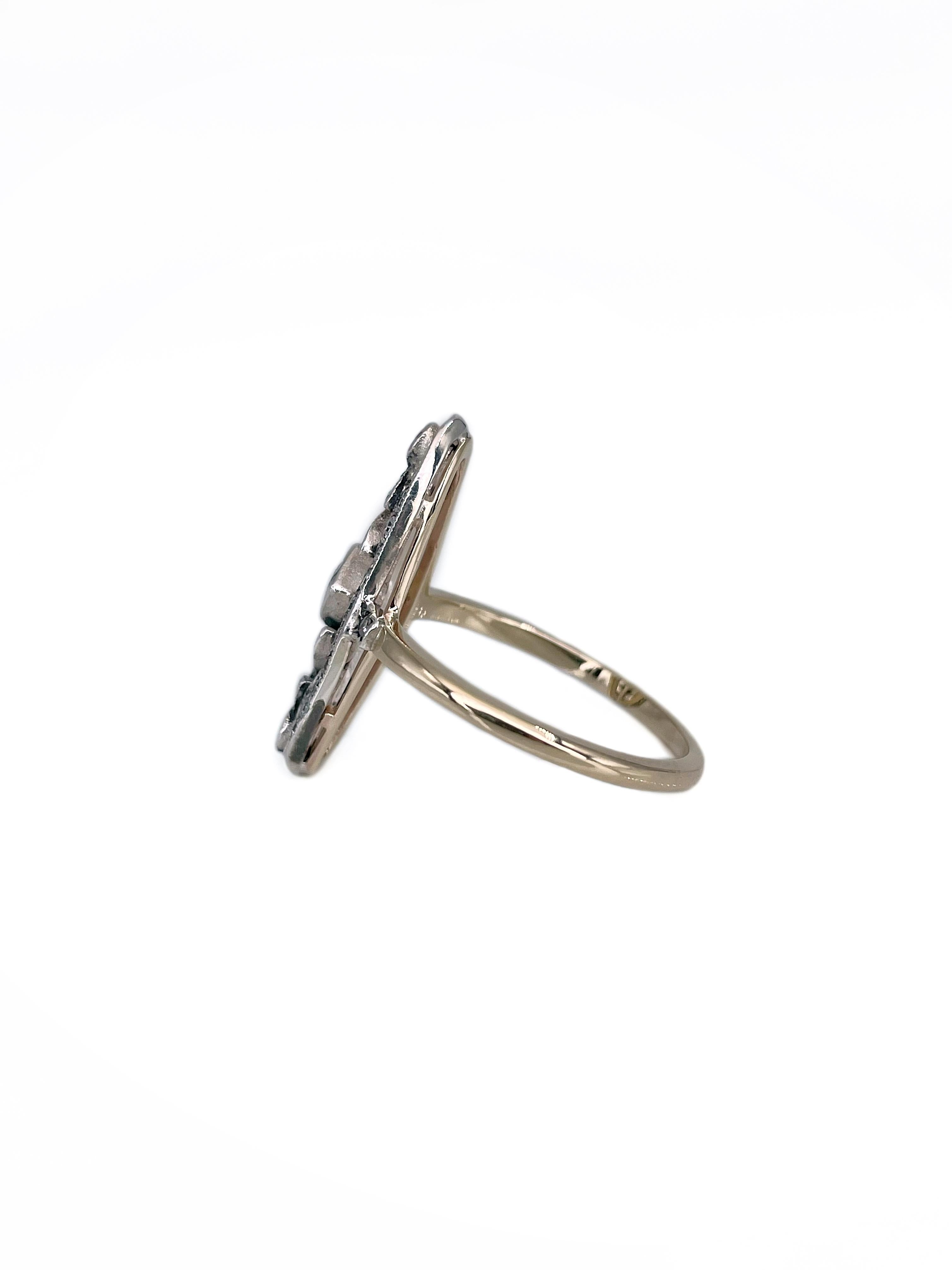 Art Deco 14 Karat Gold Diamant-Cocktailring mit durchbrochenem Blumenmotiv (Rundschliff)