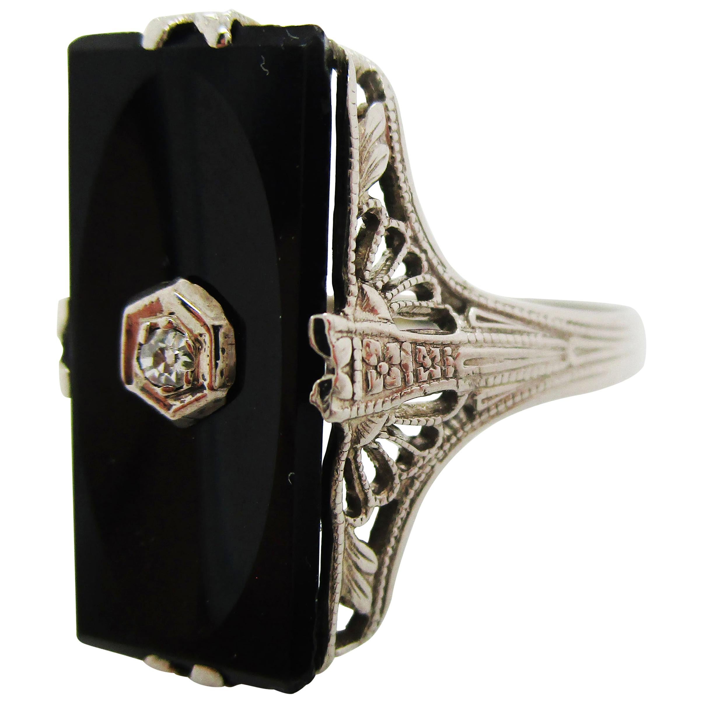 Art Deco 14 Karat Gold Filigree Black Onyx Diamond Ring