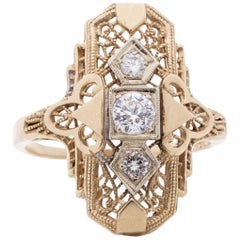 Art Deco 14 Karat Gold Filigree Carved Three-Stone Shield Ring, circa 1930s