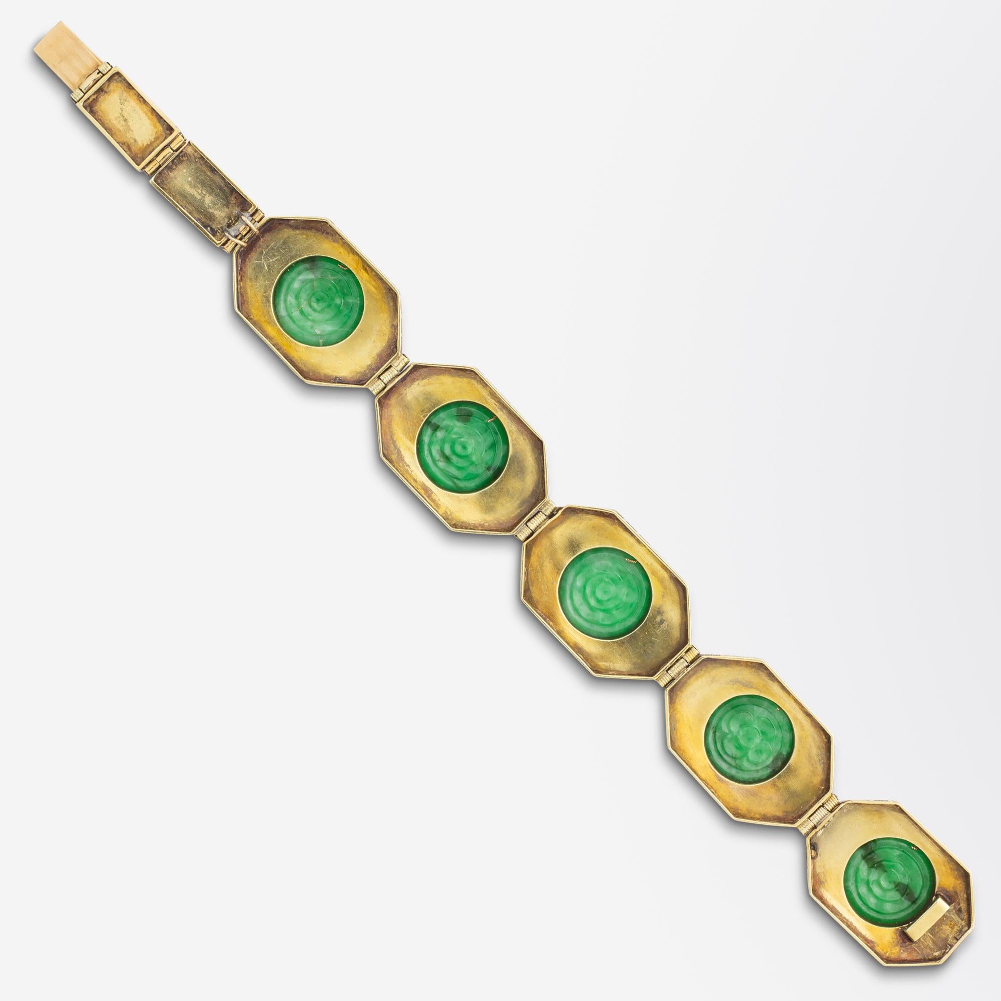 Mixed Cut Art Deco 14 Karat Gold Jadeite and Enamel Bracelet