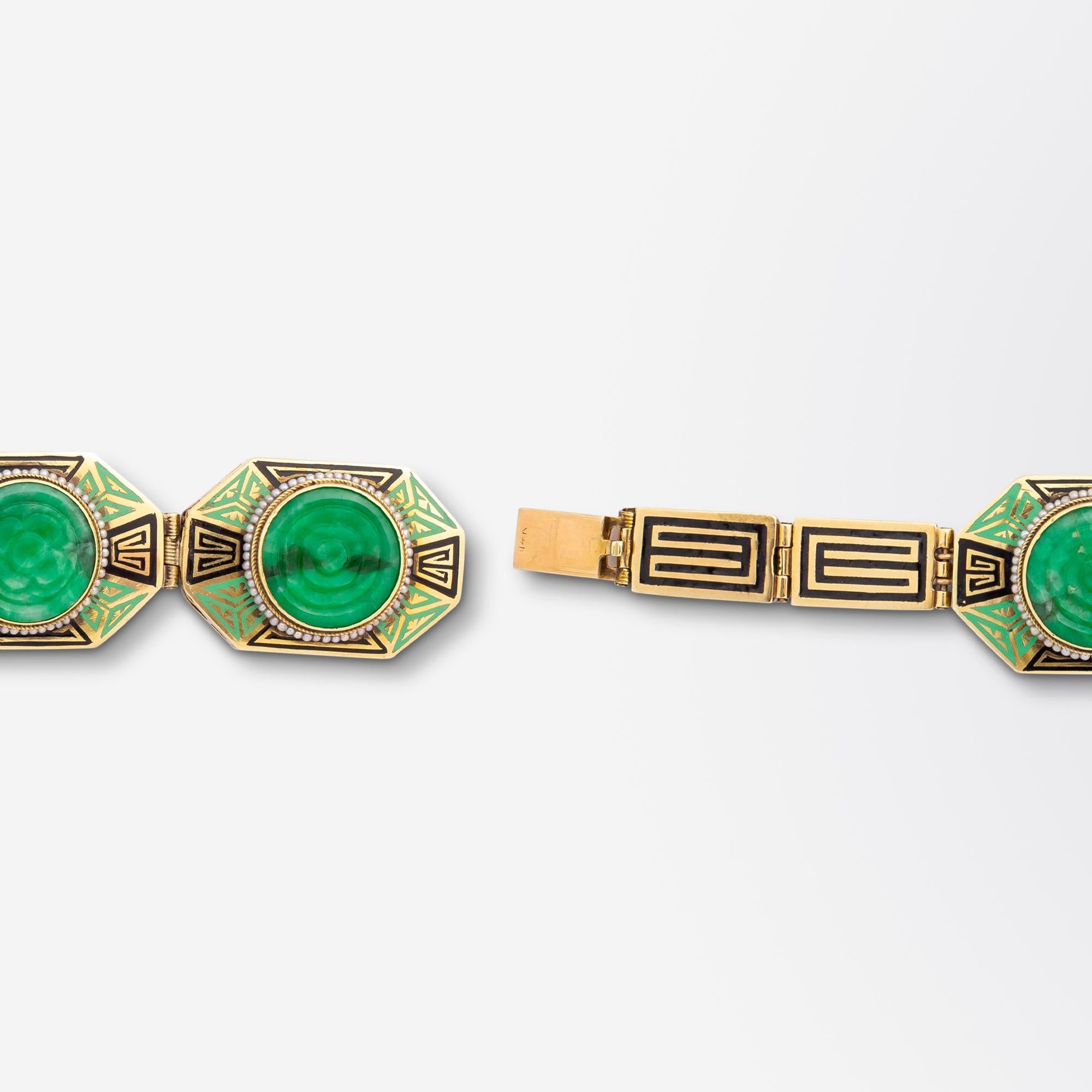 Art Deco 14 Karat Gold Jadeite and Enamel Bracelet In Good Condition In Brisbane City, QLD
