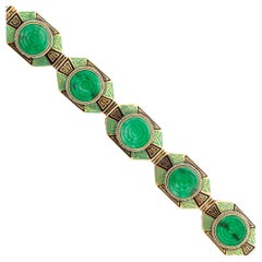 Antique Art Deco 14 Karat Gold Jadeite and Enamel Bracelet