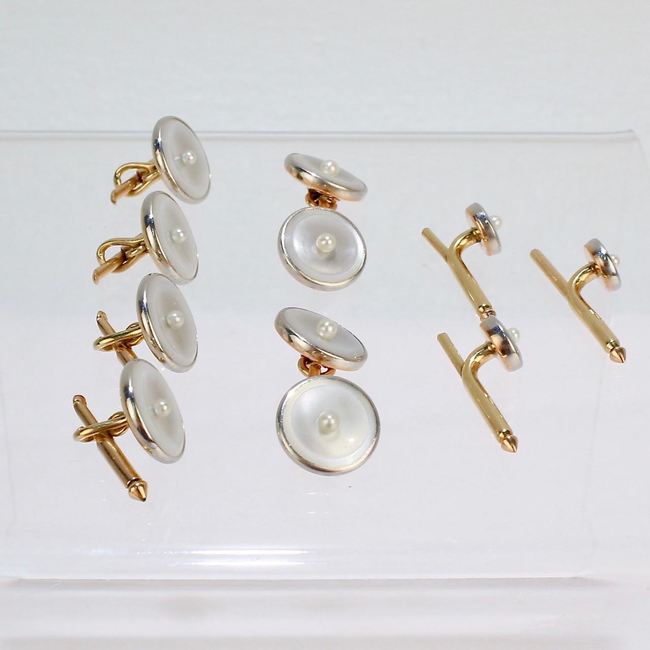 Art Deco 14 Karat Gold, Mother of Pearl and Seed Pearl Cufflink and Dress Set In Good Condition In Philadelphia, PA