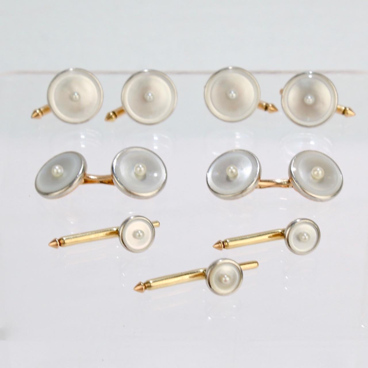 Men's Art Deco 14 Karat Gold, Mother of Pearl and Seed Pearl Cufflink and Dress Set