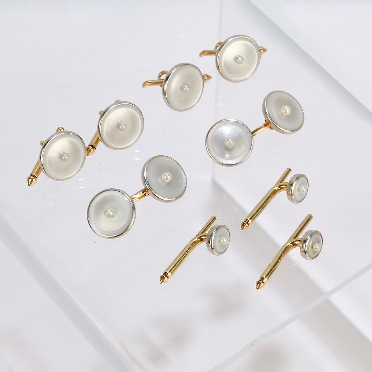 Art Deco 14 Karat Gold, Mother of Pearl and Seed Pearl Cufflink and Dress Set 1