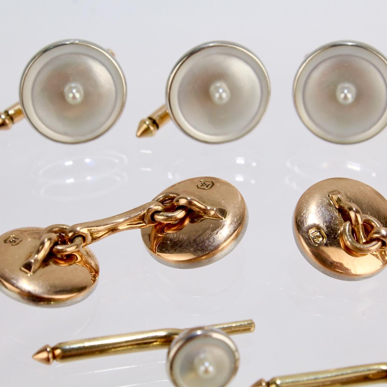 Art Deco 14 Karat Gold, Mother of Pearl and Seed Pearl Cufflink and Dress Set 2