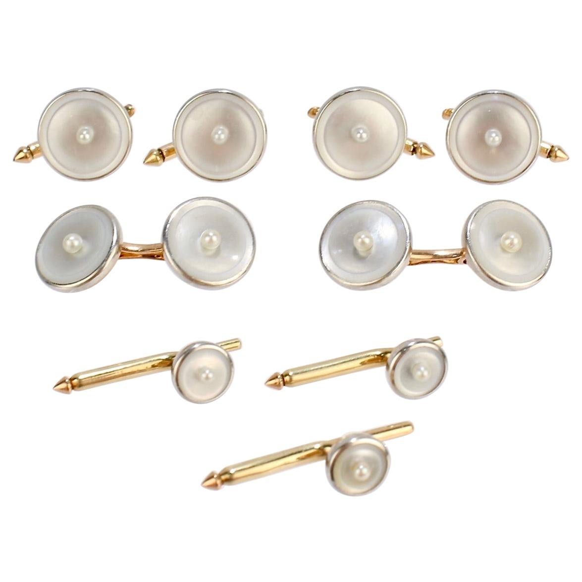 Art Deco 14 Karat Gold, Mother of Pearl and Seed Pearl Cufflink and Dress Set